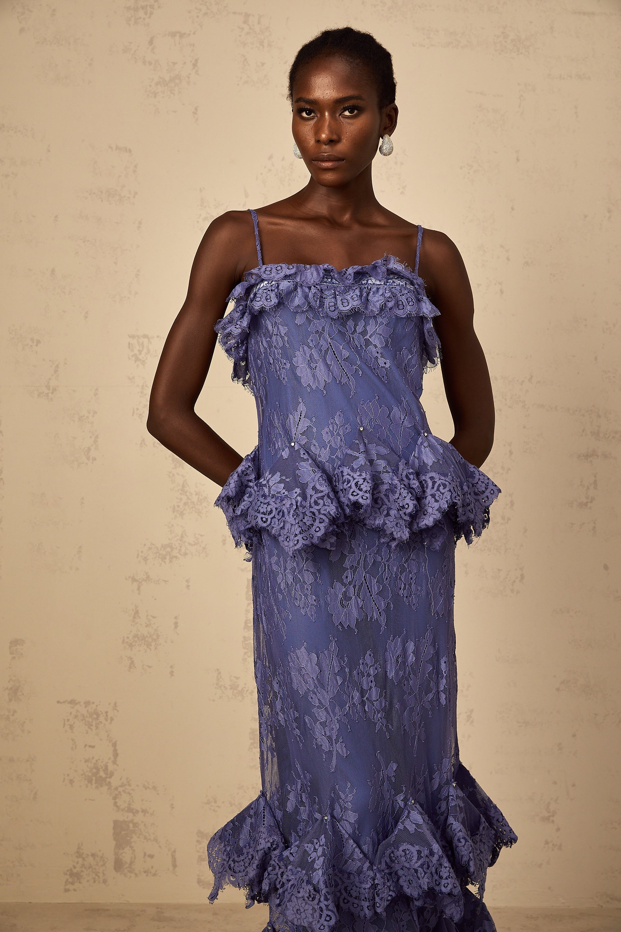 Héloïse Purple Floral Lace Ruffled Maxi Dress
