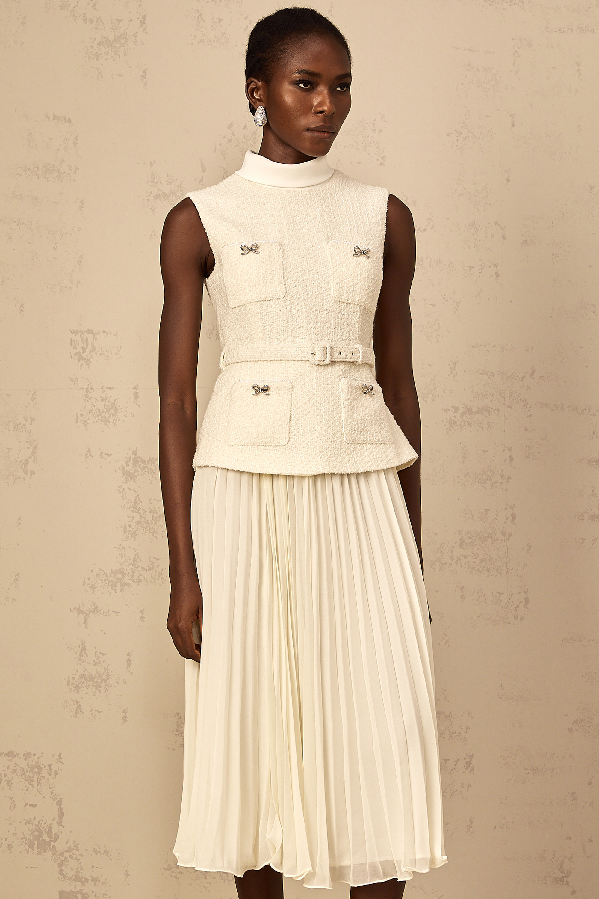 Dulcie Off-White Tulle Panel Tweed Midi Dress