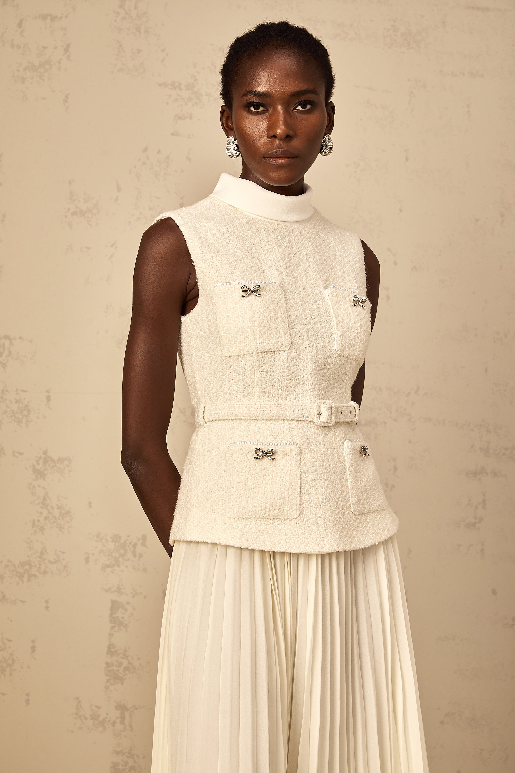 Dulcie Off-White Tulle Panel Tweed Midi Dress