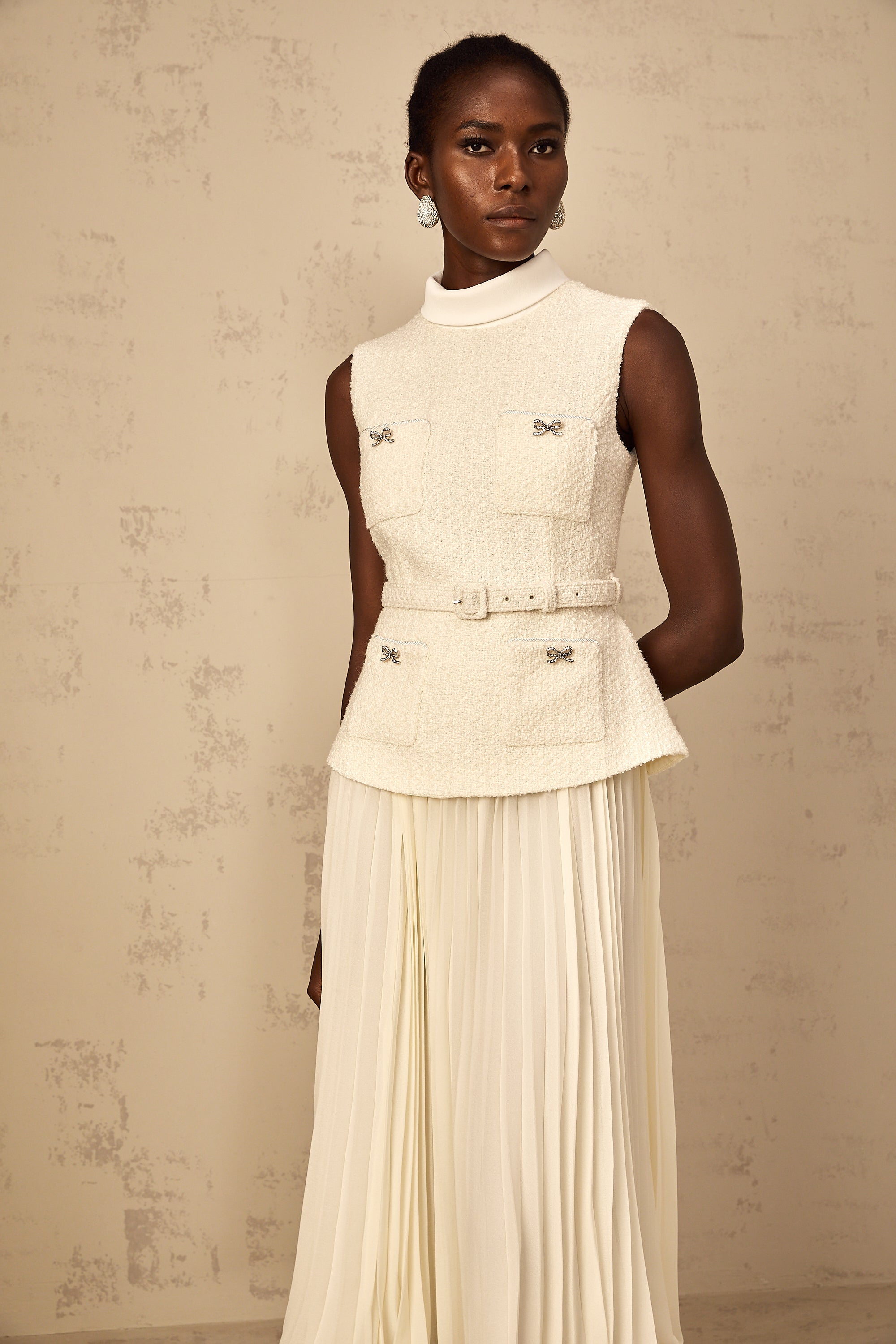 Dulcie Off-White Tulle Panel Tweed Midi Dress