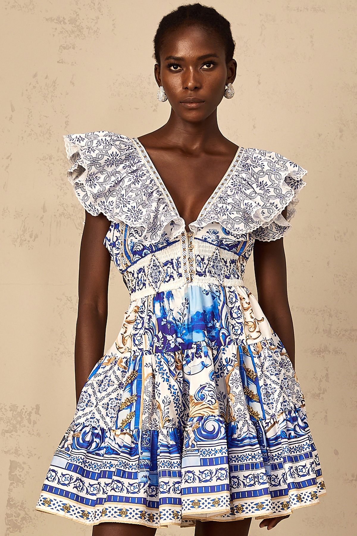 Calliopée Blue Baroque Print Tiered Mini Dress