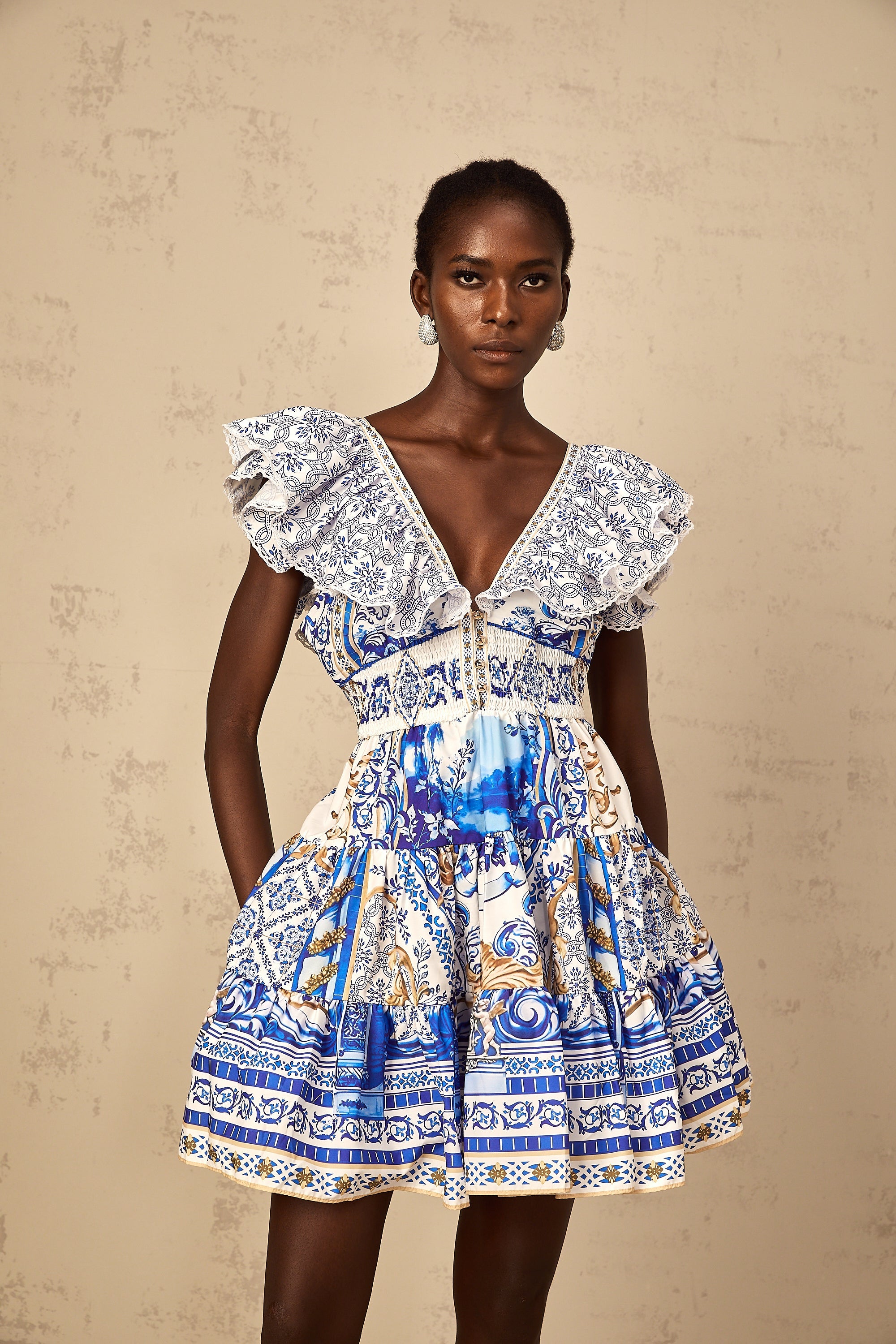 Calliopée Blue Baroque Print Tiered Mini Dress