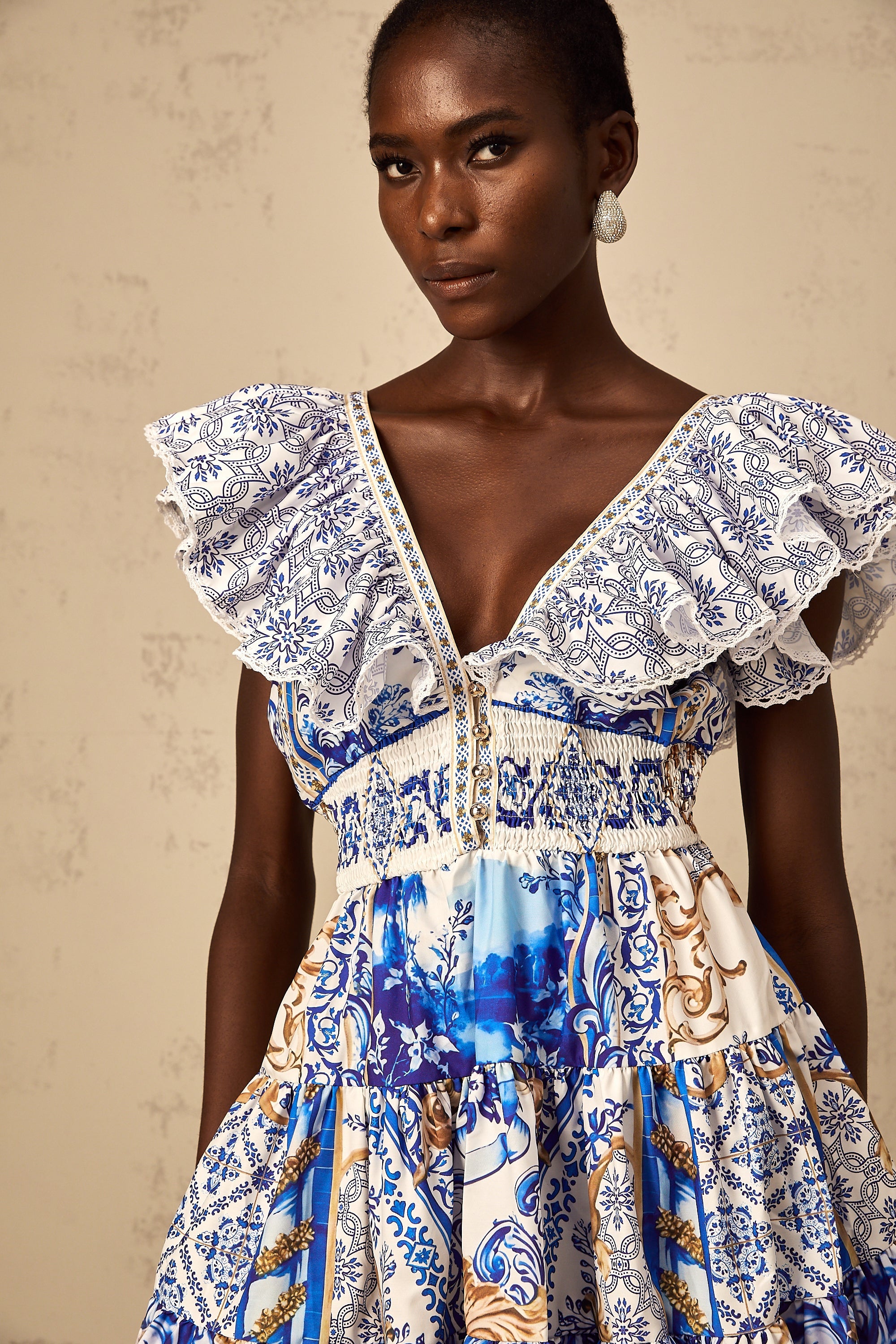 Calliopée Blue Baroque Print Tiered Mini Dress