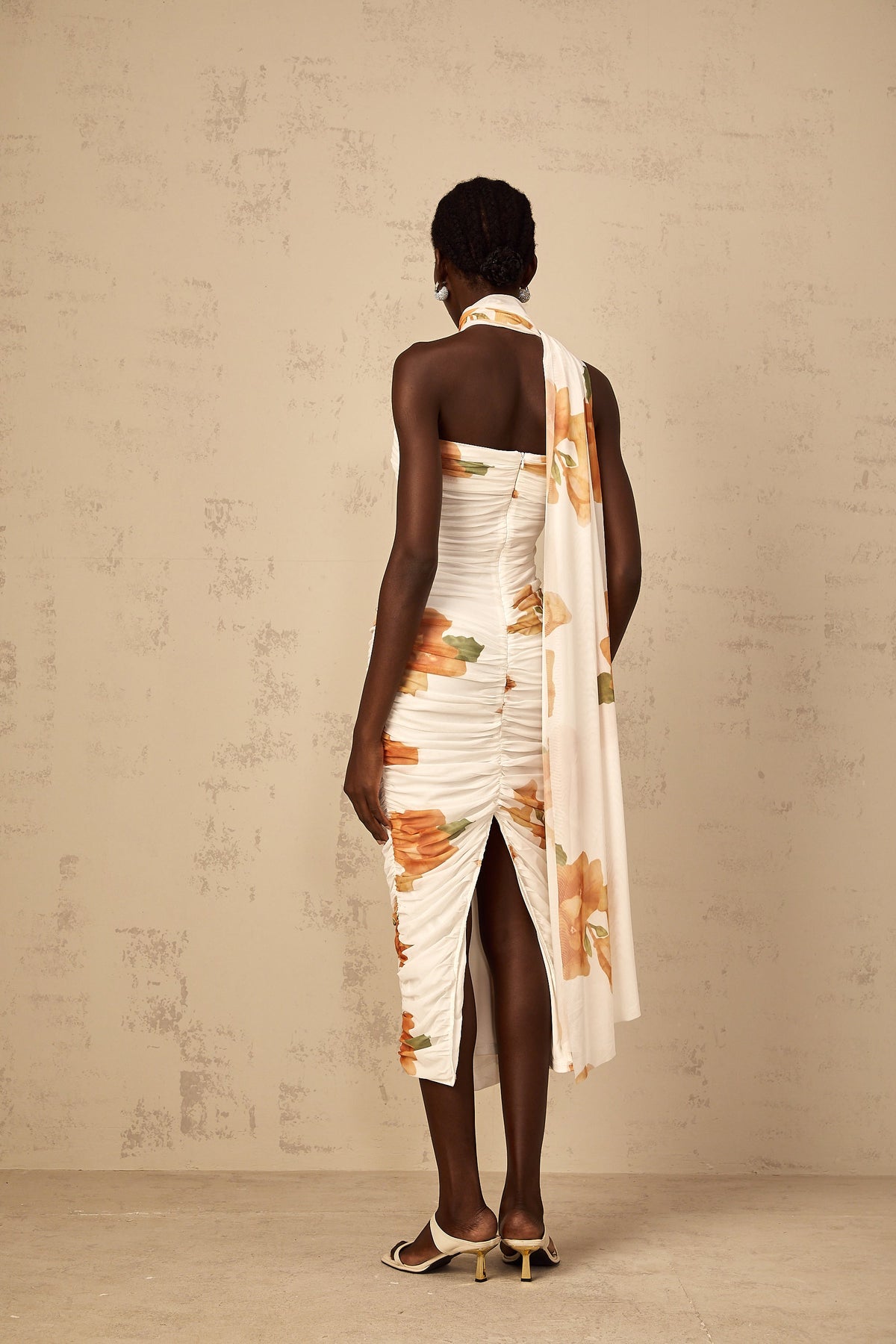 Frida white floral-print ruched tulle midi dress