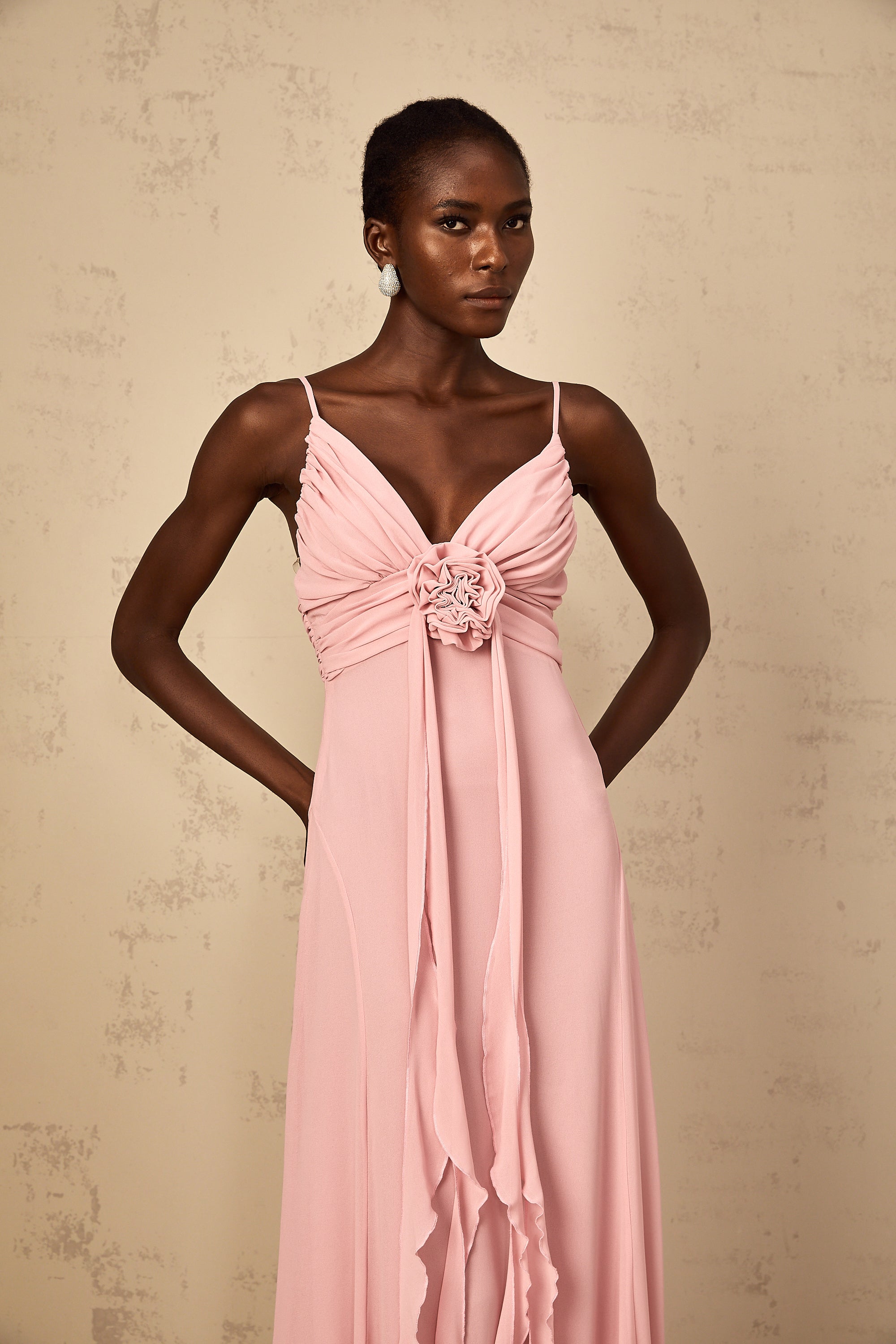 Ysandre Soft-Pink 3D Petal Tulle Maxi Dress