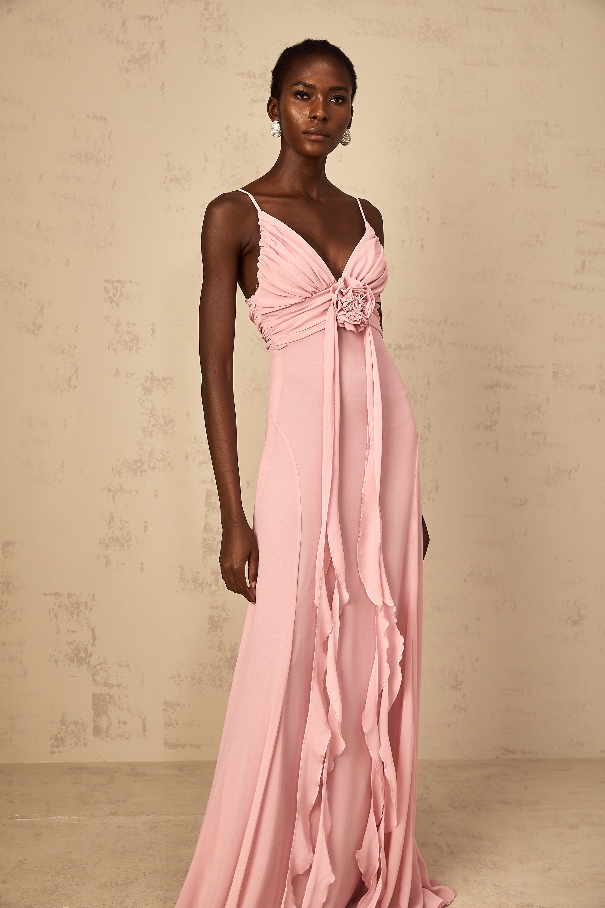 Ysandre Soft-Pink 3D Petal Tulle Maxi Dress