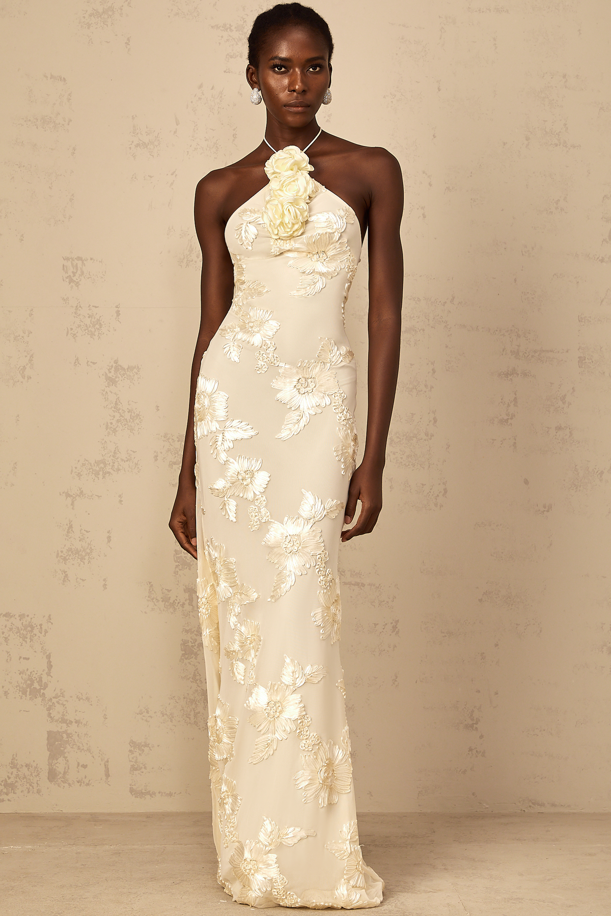 Melanie Neutrals Embroidered Halterneck Maxi Dress (Final Sale-US Only)