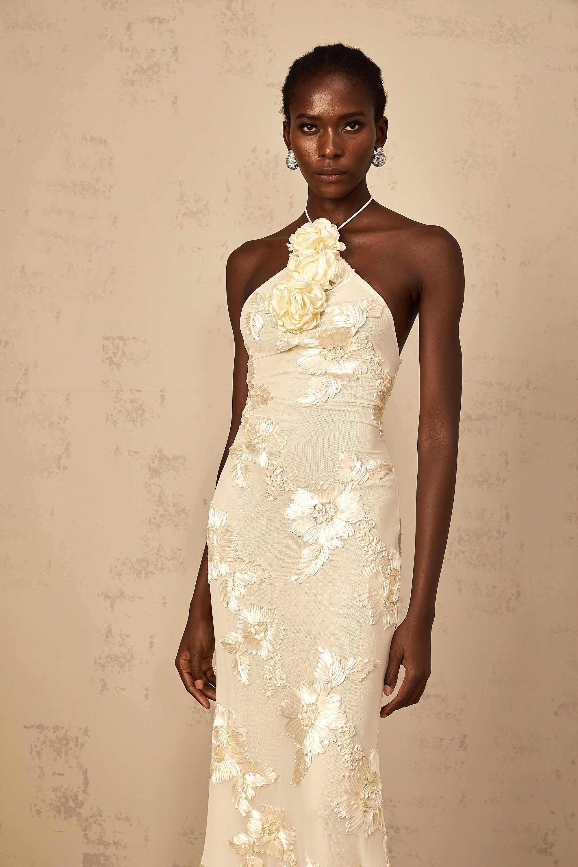 Melanie Neutrals Embroidered Halterneck Maxi Dress
