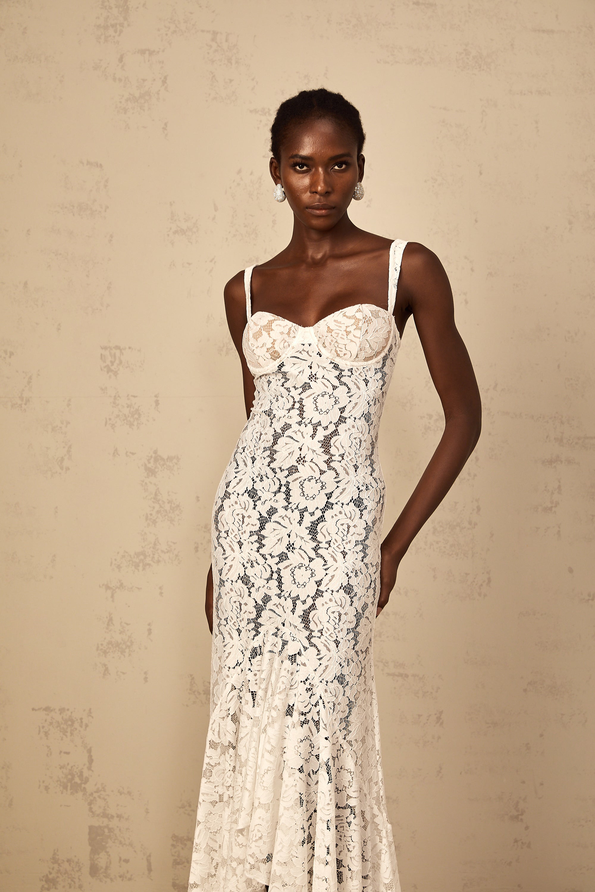 Abbie White Floral Lace Bustier Maxi Dress