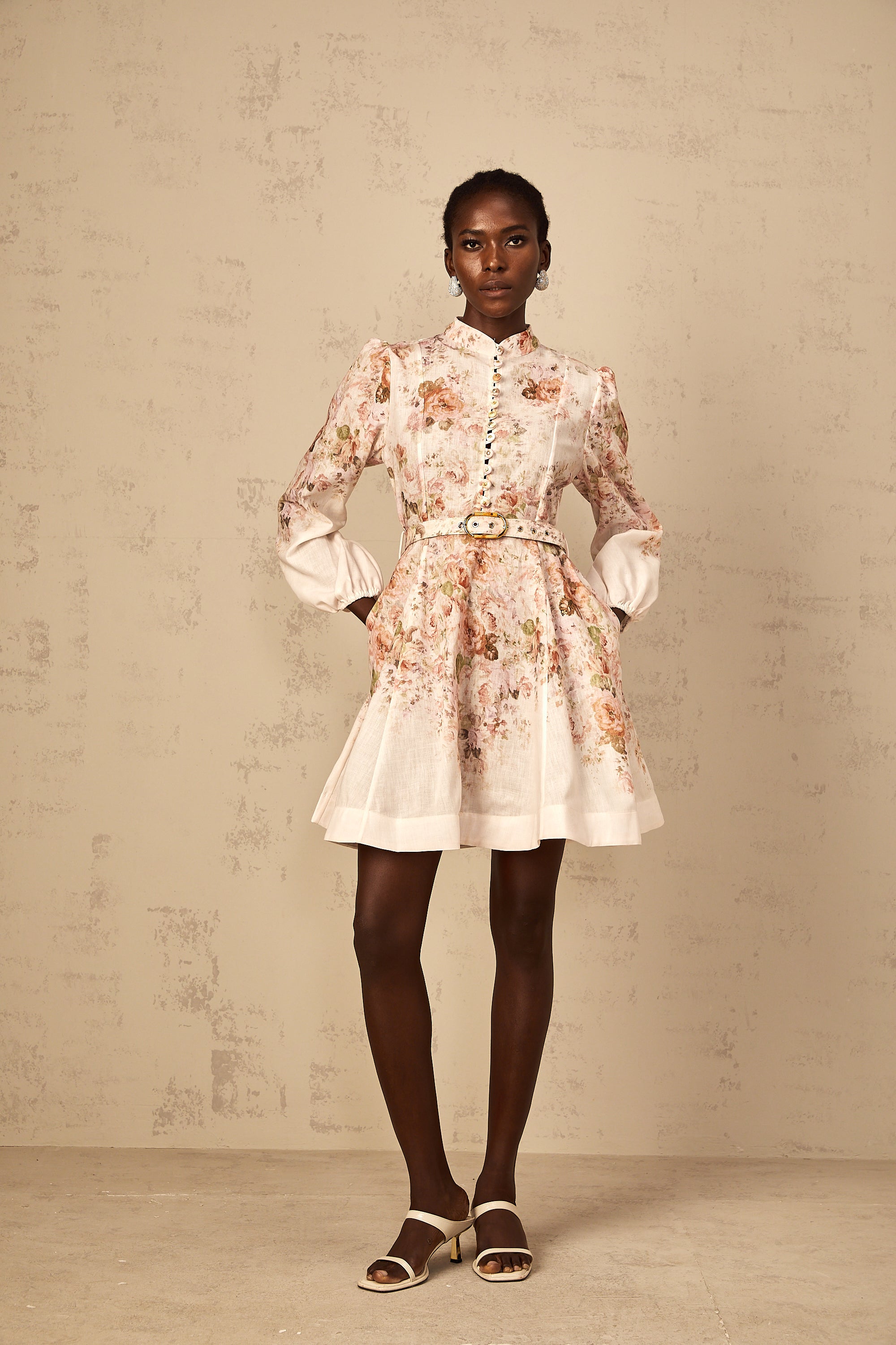 Bianca Beige Floral Print Mini Dress