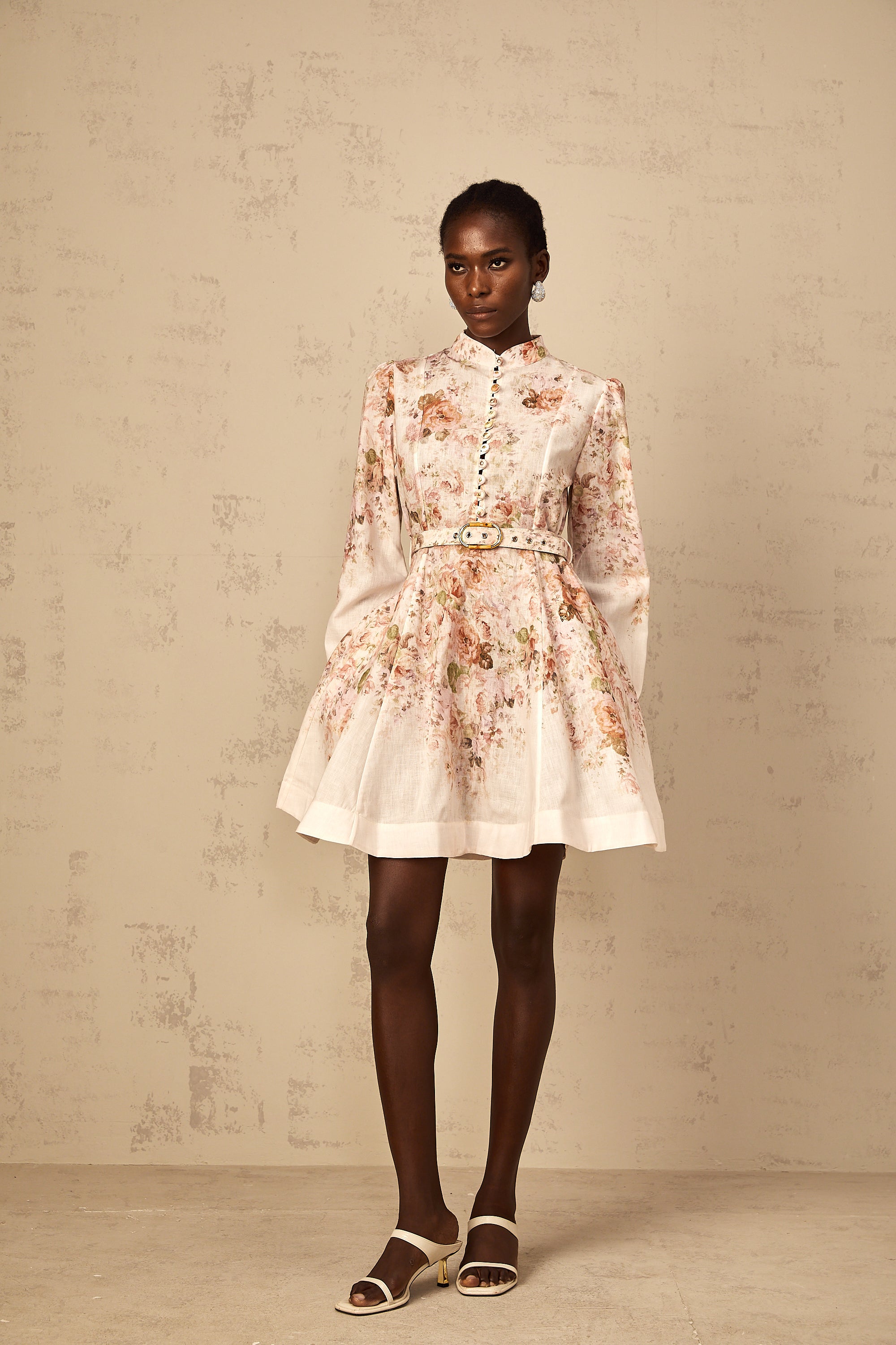 Bianca Beige Floral Print Mini Dress