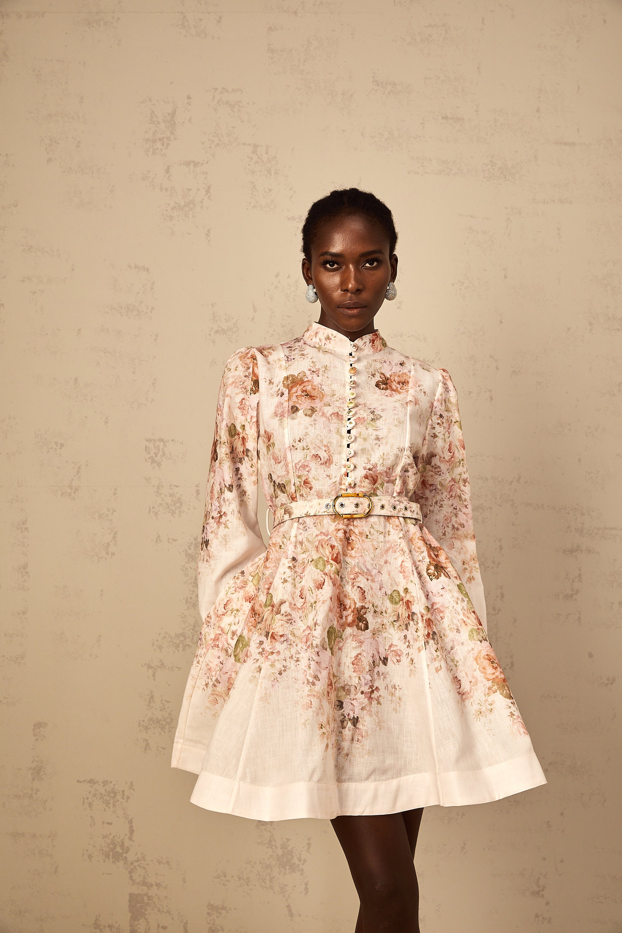 Bianca Beige Floral Print Mini Dress