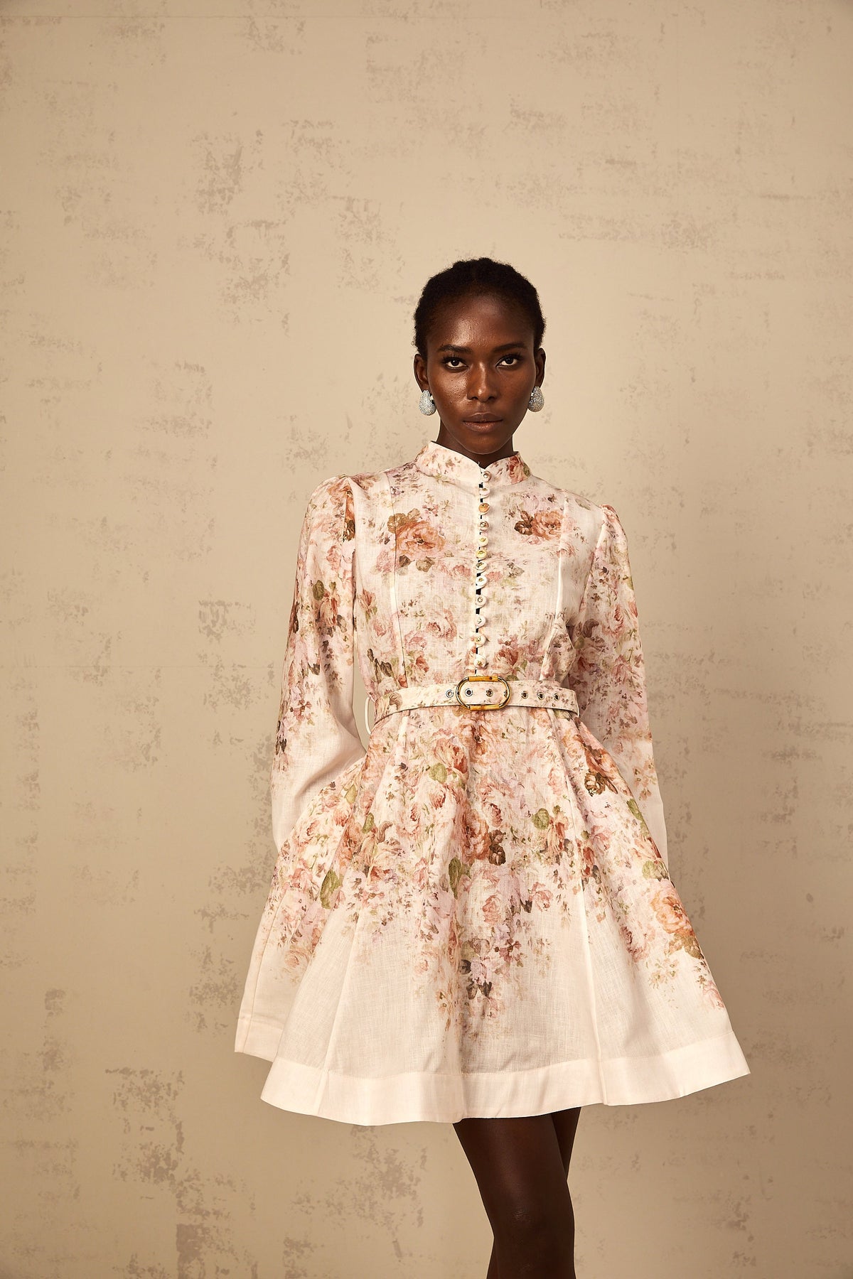 Bianca Beige Floral Print Mini Dress