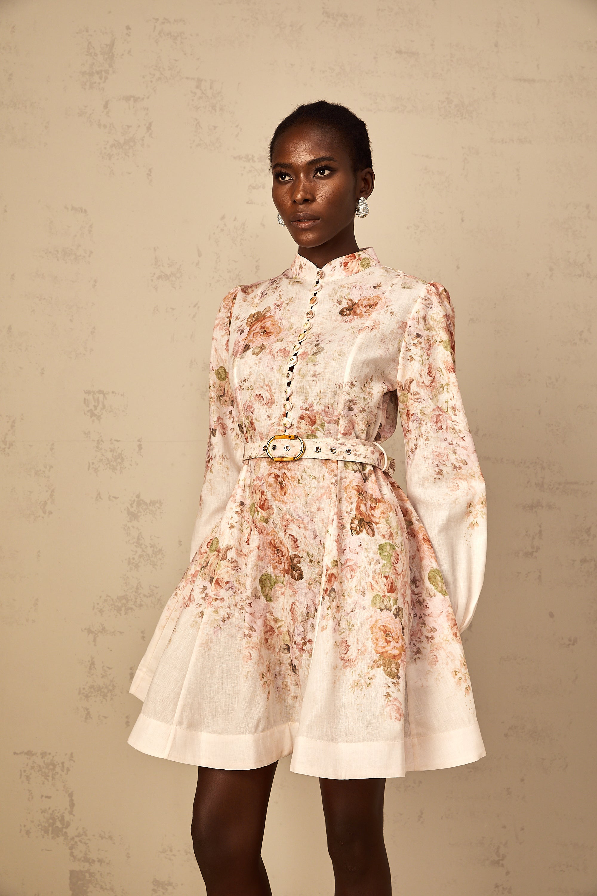 Bianca Beige Floral Print Mini Dress
