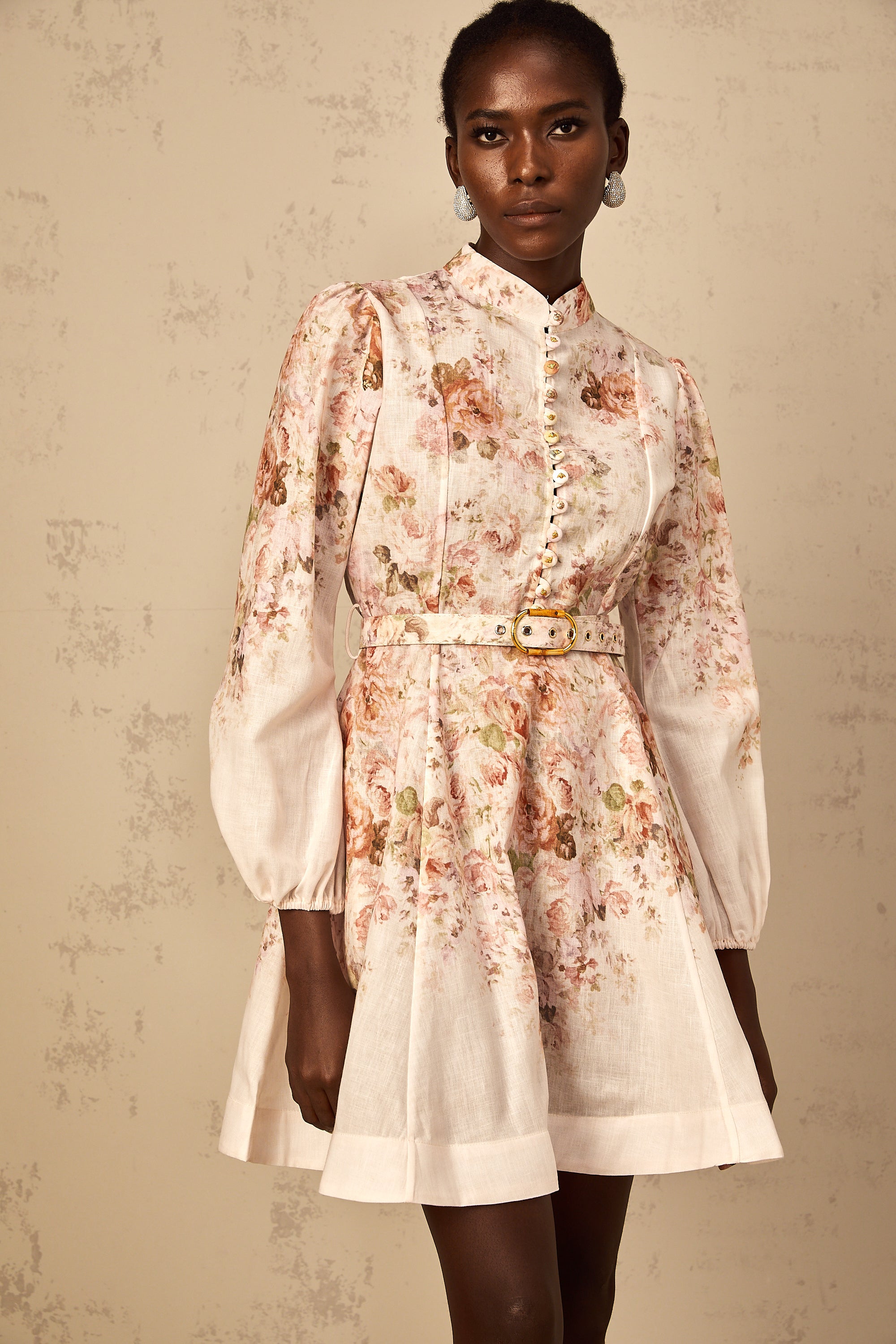 Bianca Beige Floral Print Mini Dress