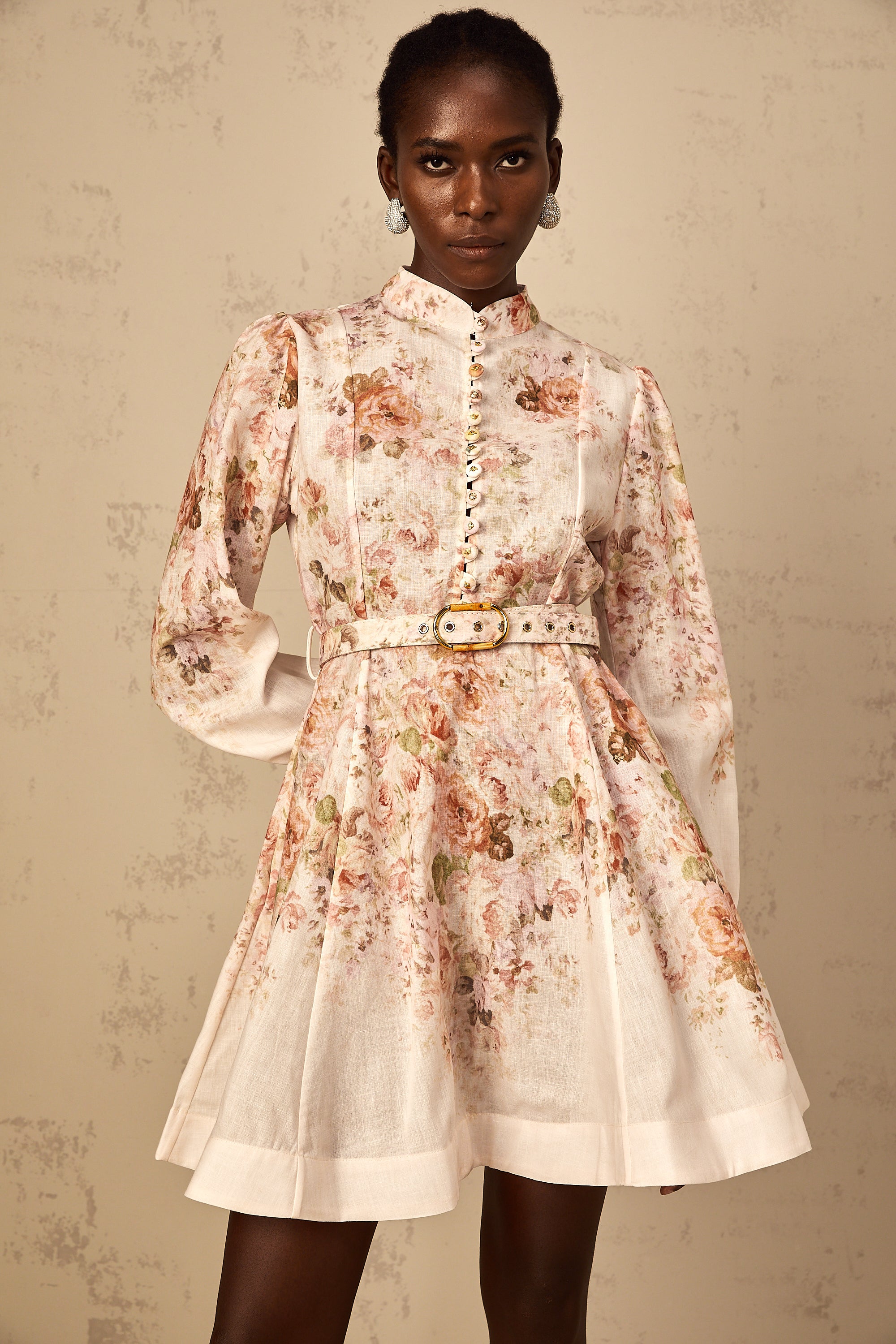 Bianca Beige Floral Print Mini Dress