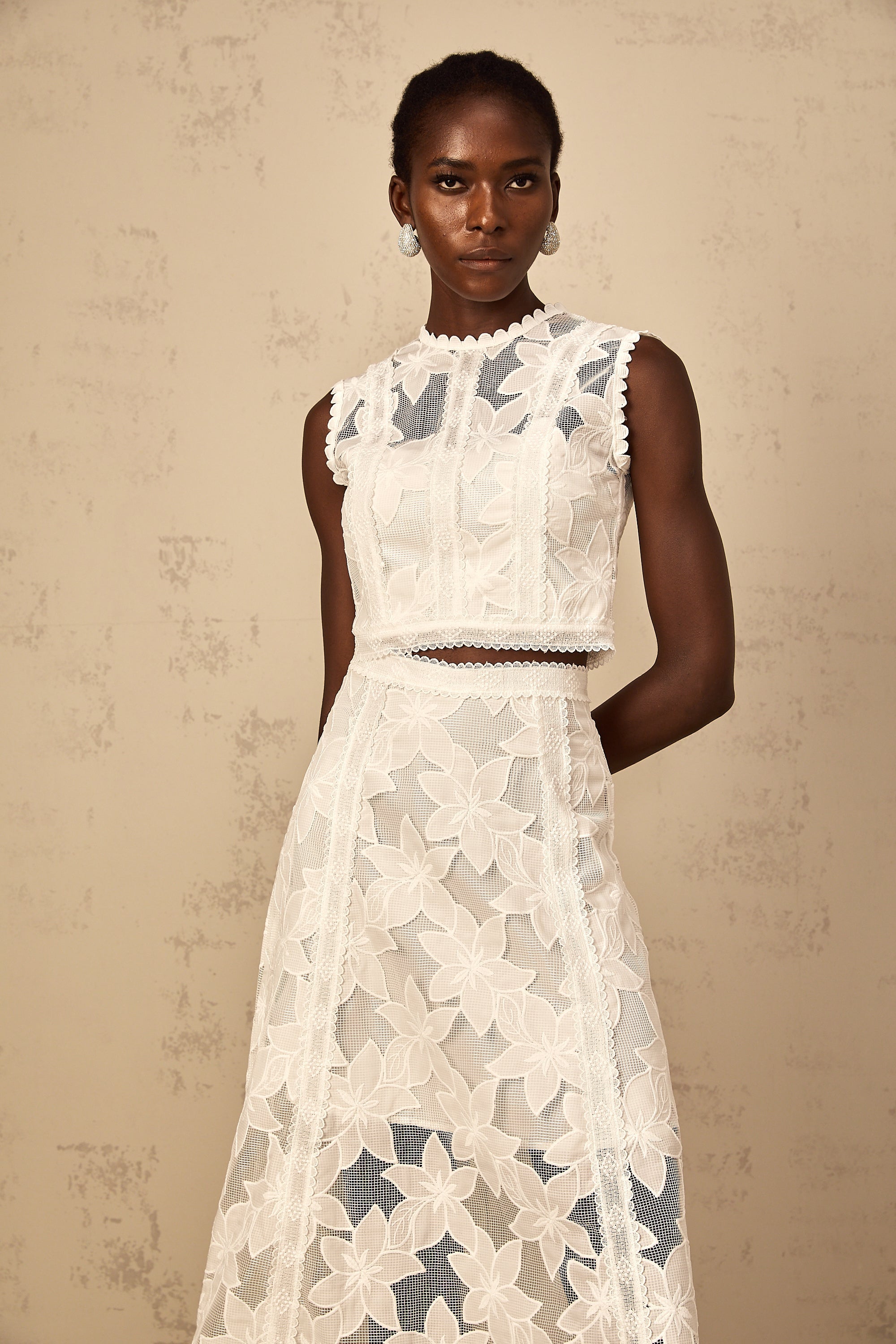 Mailys Floral Embroidered Top & Skirt Set in White