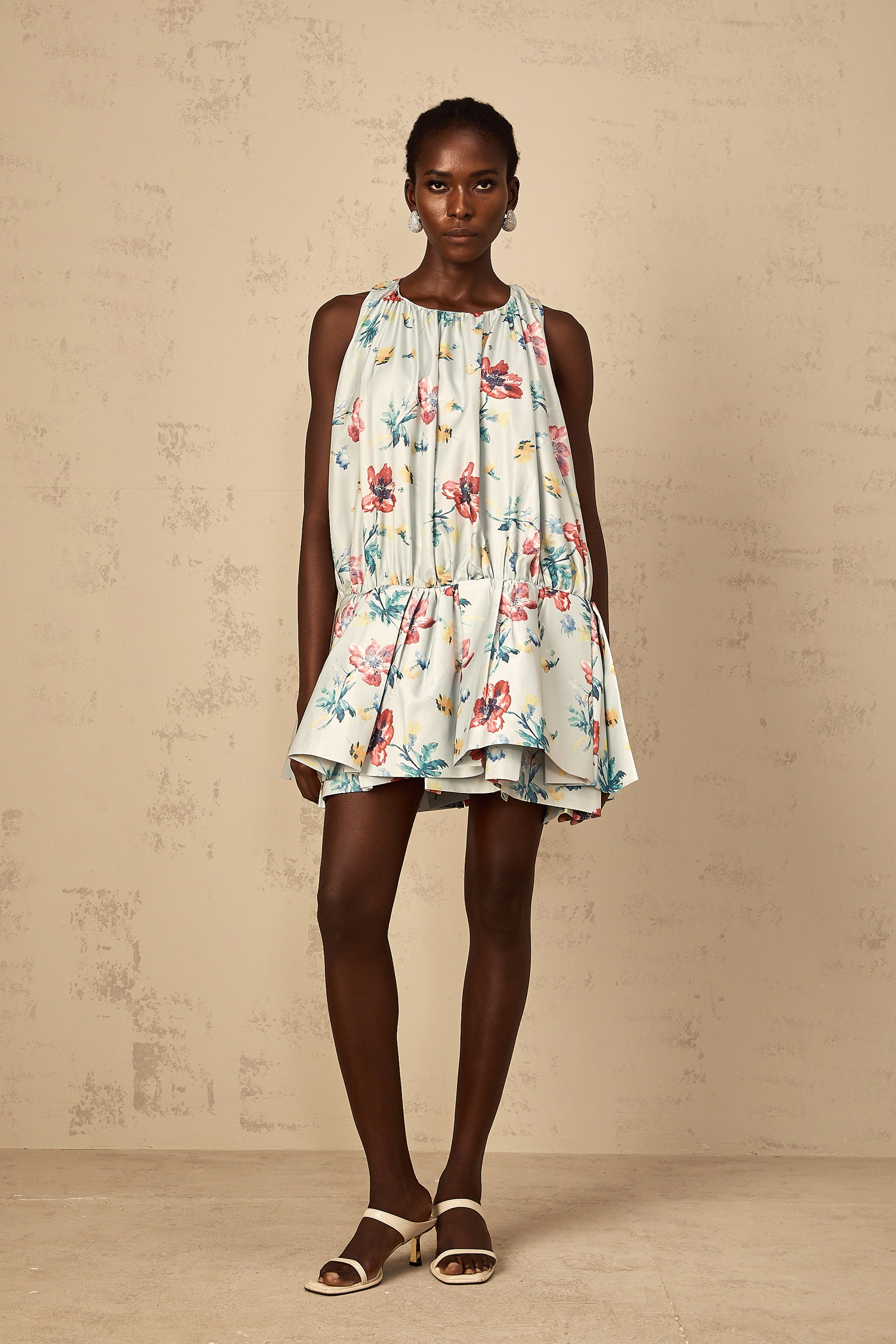 Wendy Green Floral Print Shirred Mini Dress