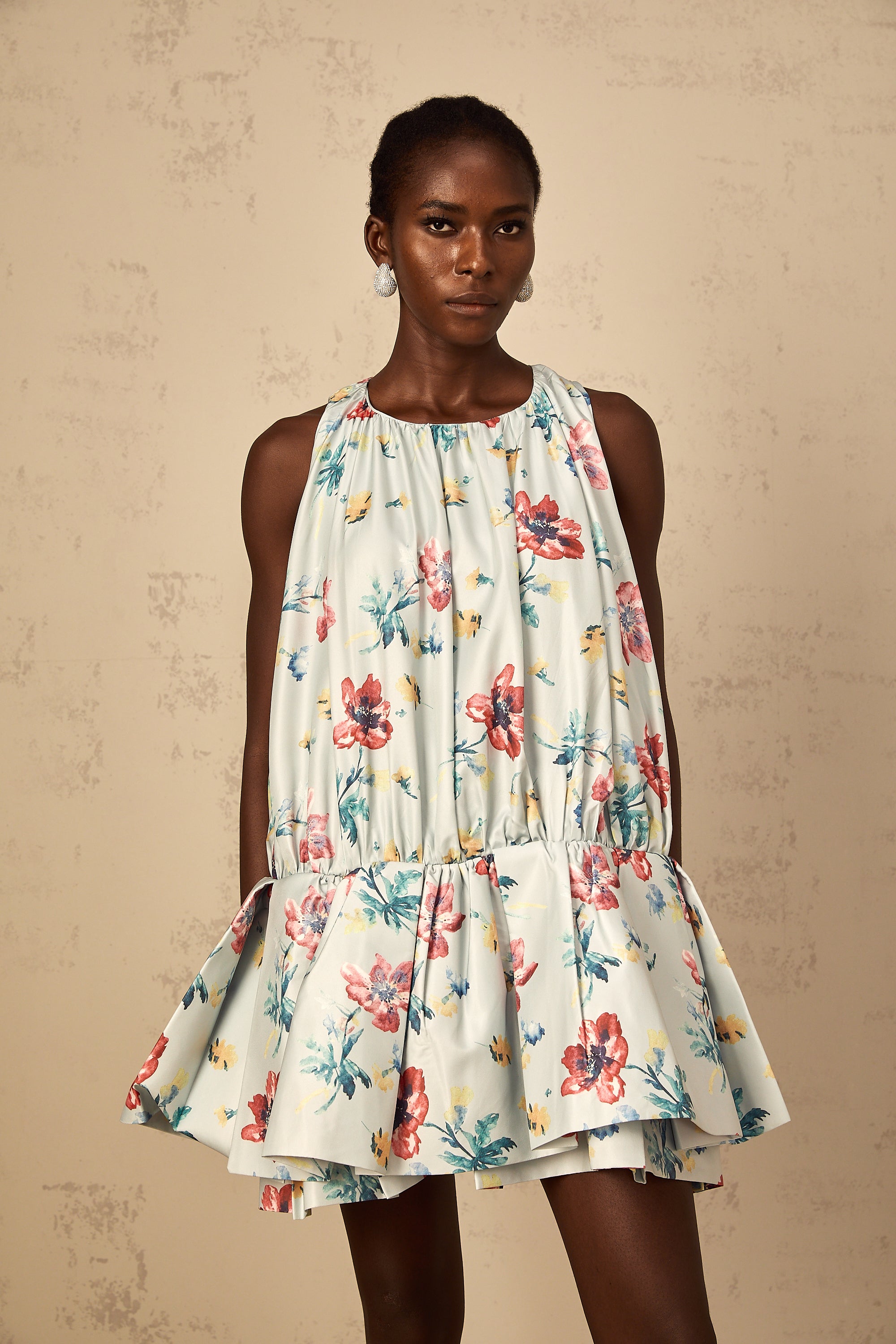 Wendy Green Floral Print Shirred Mini Dress