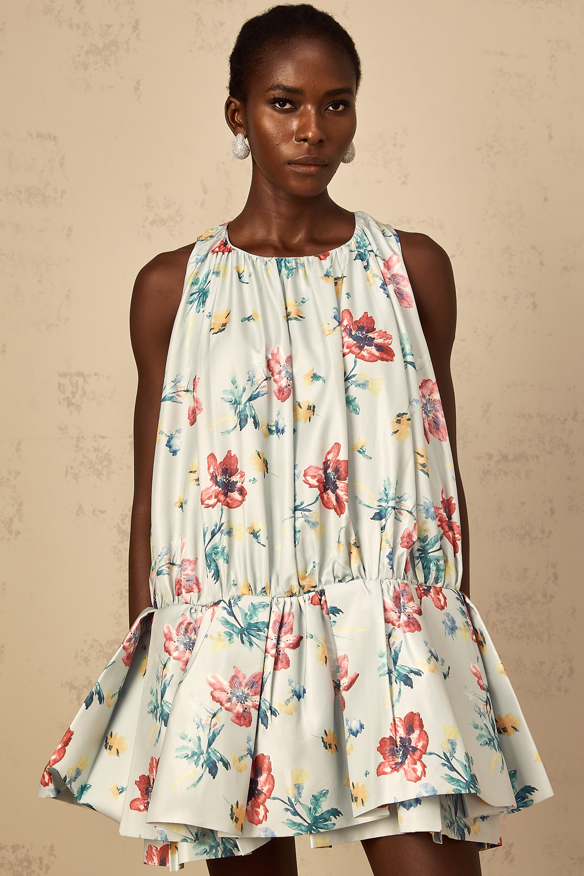 Wendy Green Floral Print Shirred Mini Dress