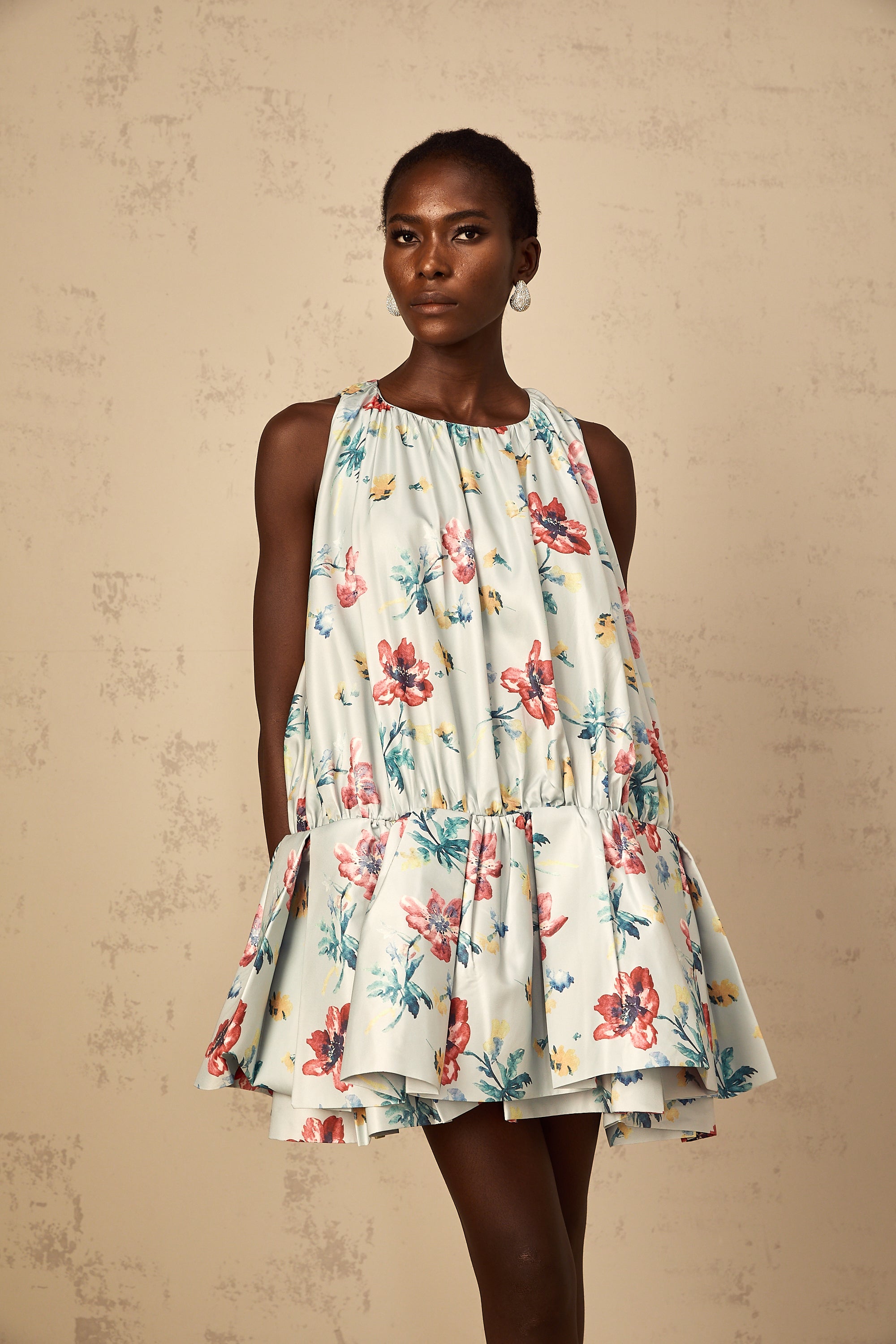 Wendy Green Floral Print Shirred Mini Dress