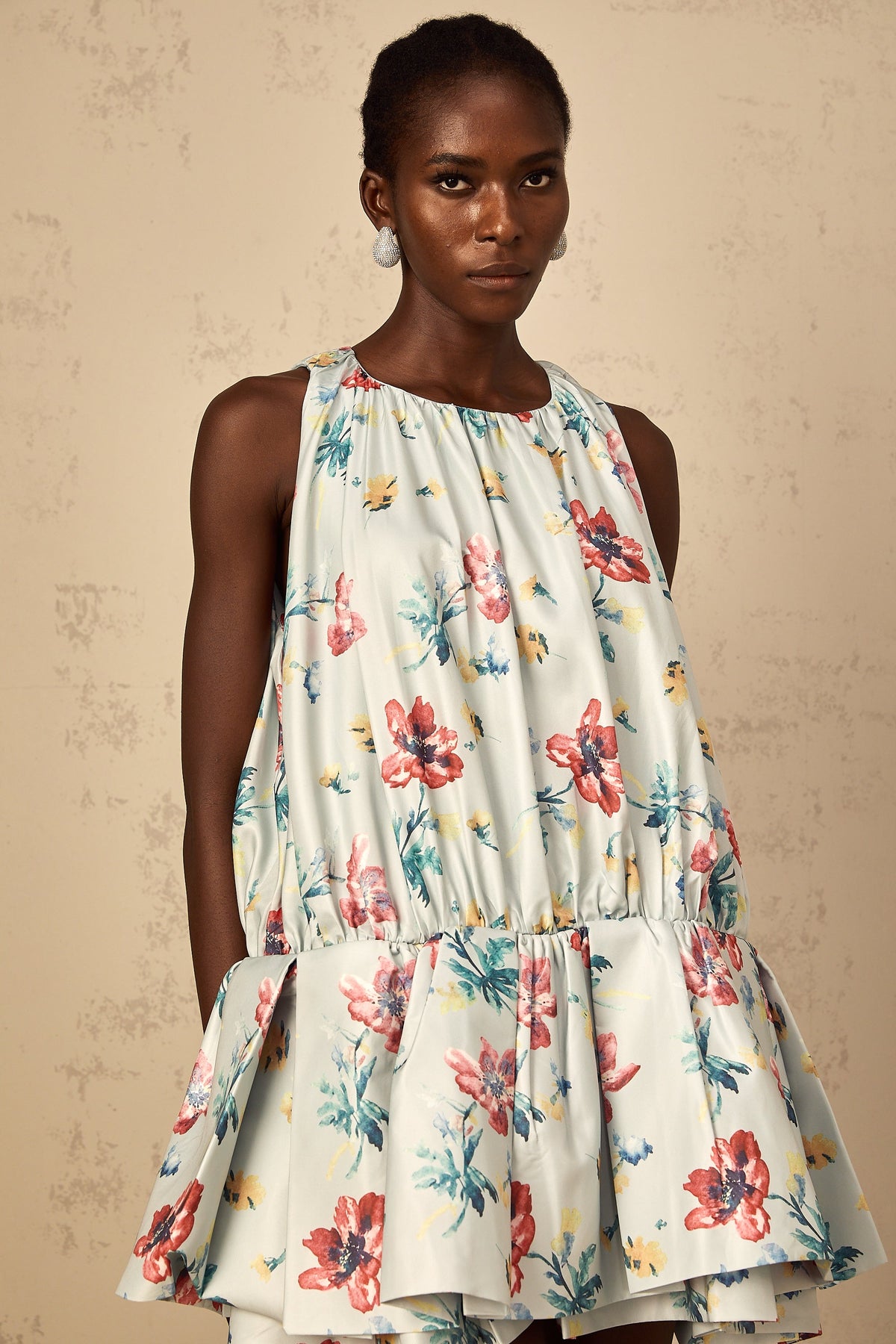 Wendy Green Floral Print Shirred Mini Dress