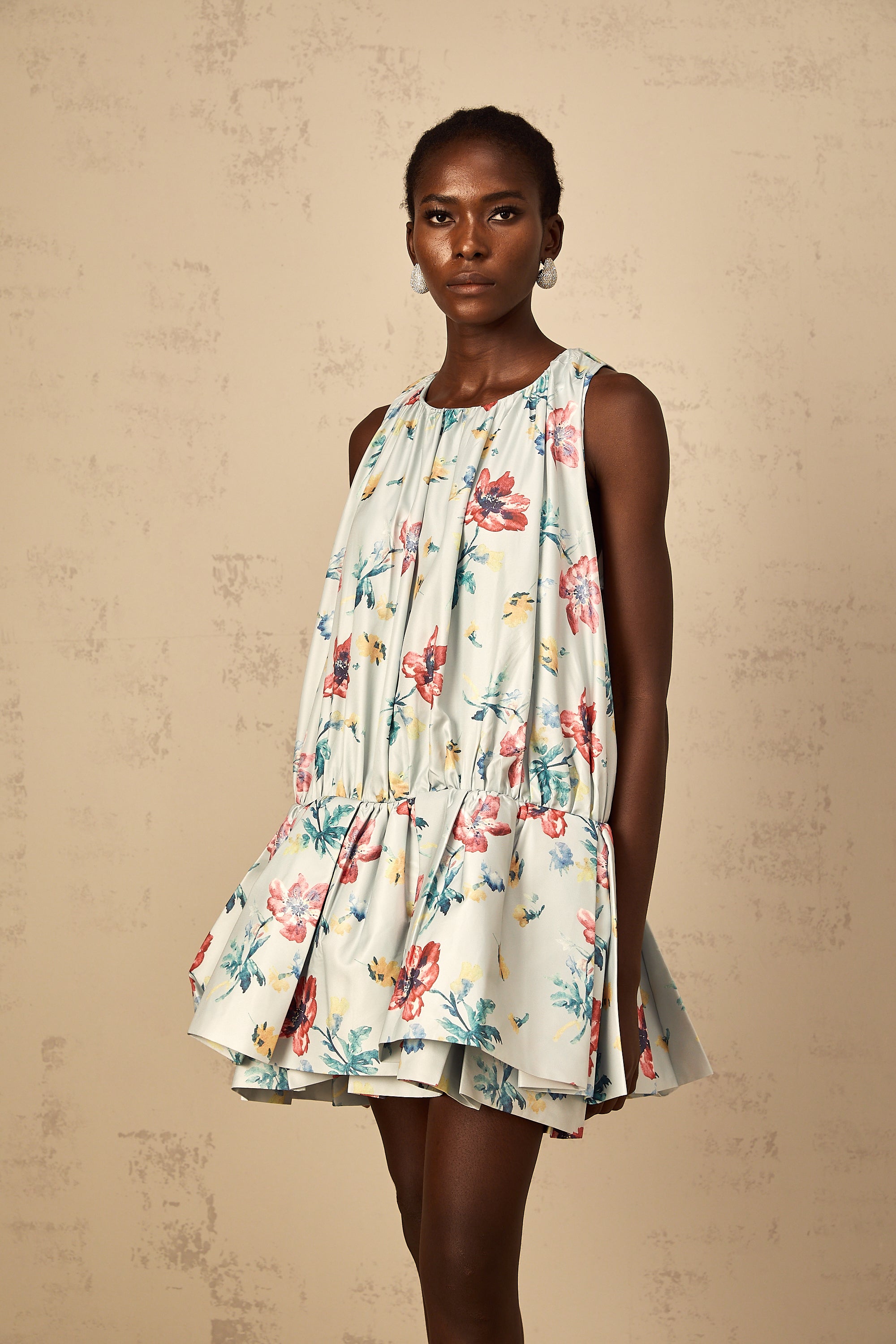 Wendy Green Floral Print Shirred Mini Dress