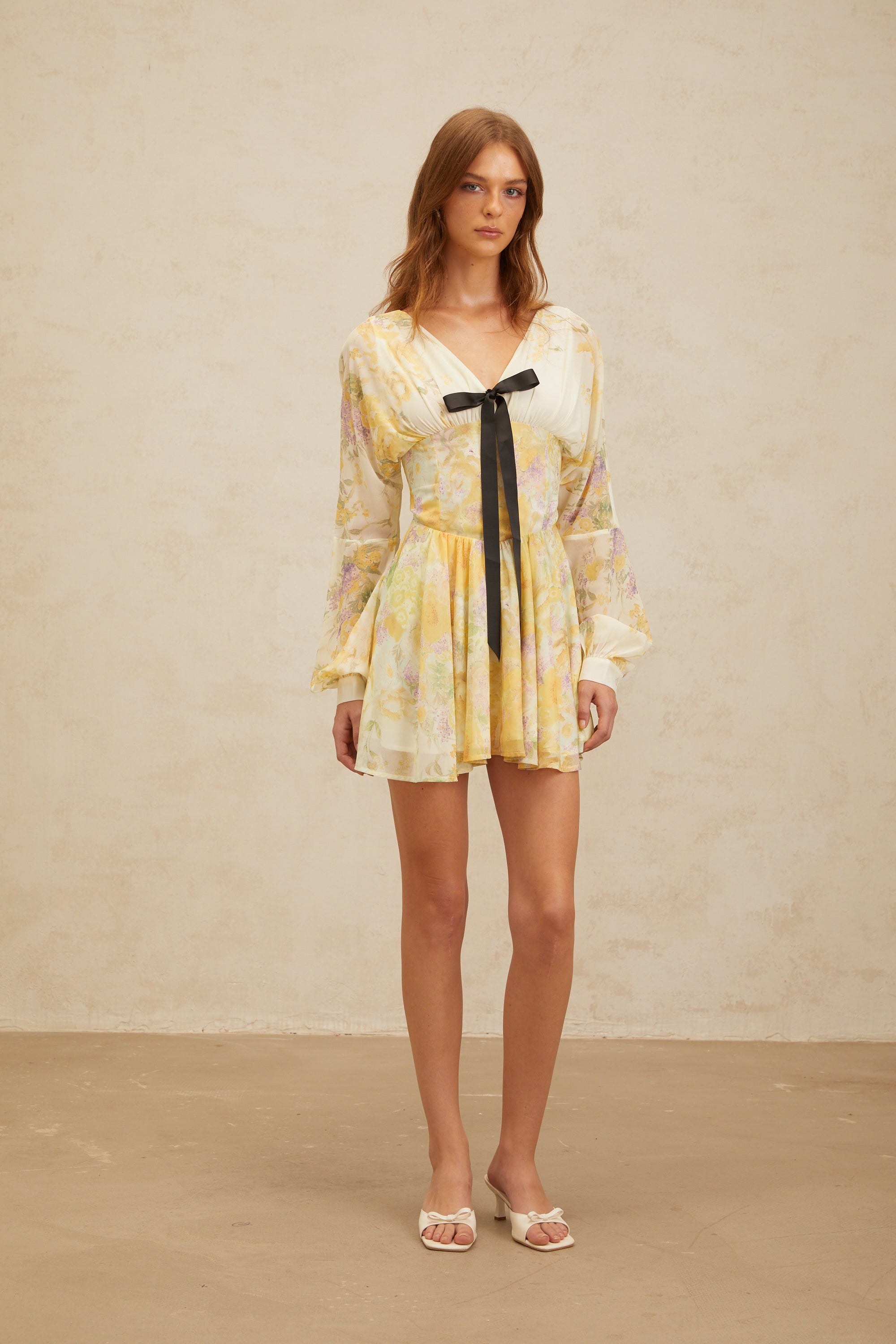 Justine Yellow Bowknot Floral Print Chiffon Mini Dress