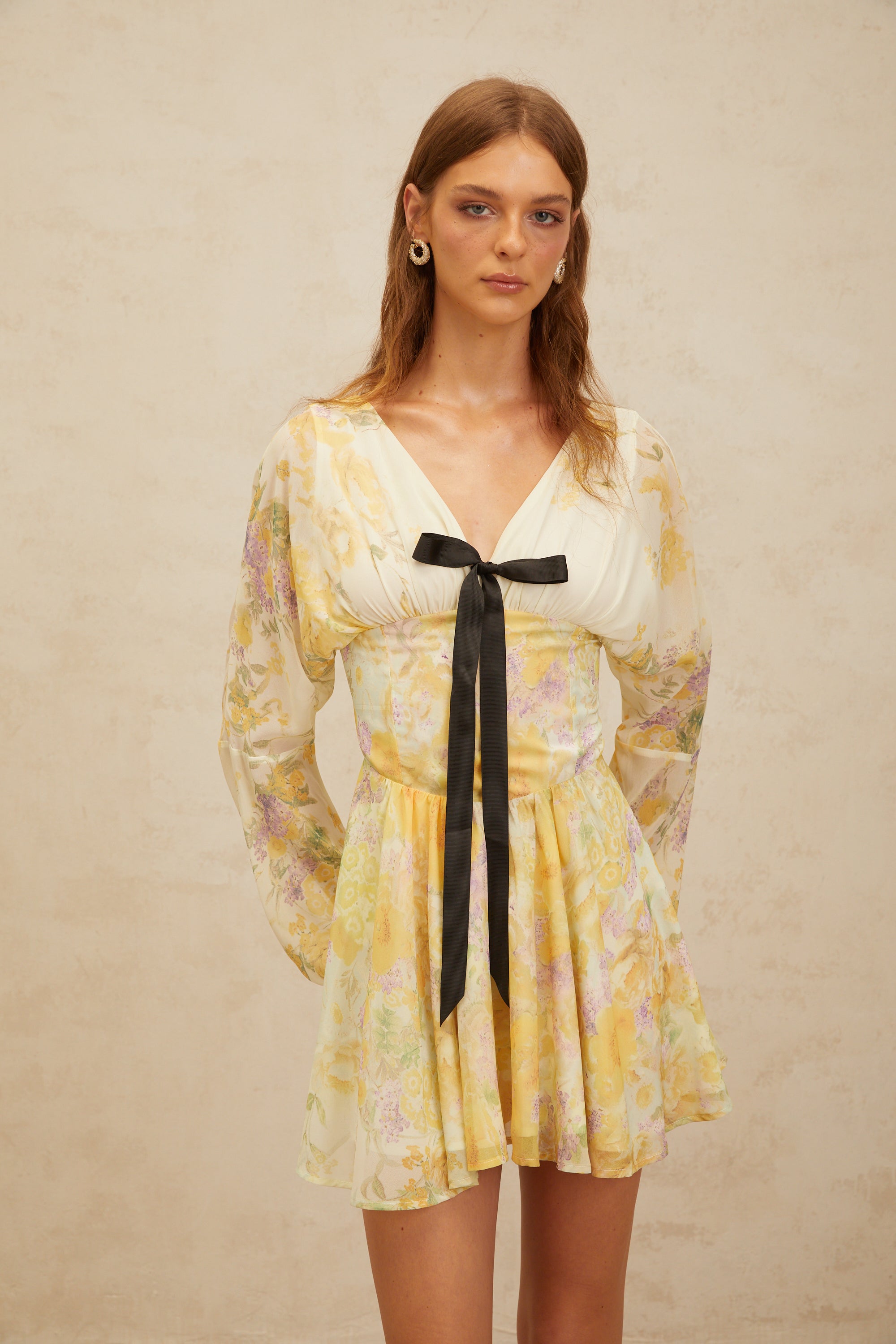 Justine Yellow Bowknot Floral Print Chiffon Mini Dress