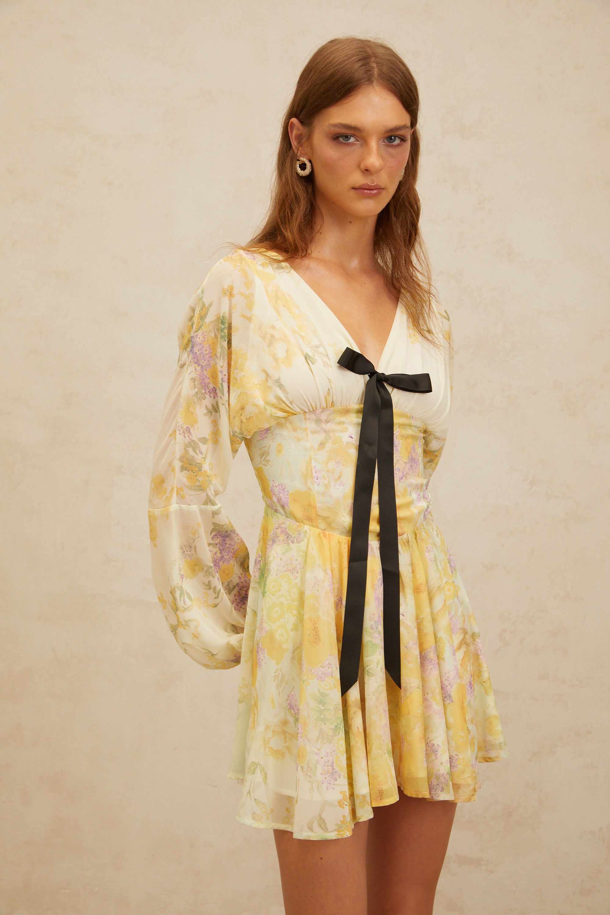 Justine Yellow Bowknot Floral Print Chiffon Mini Dress