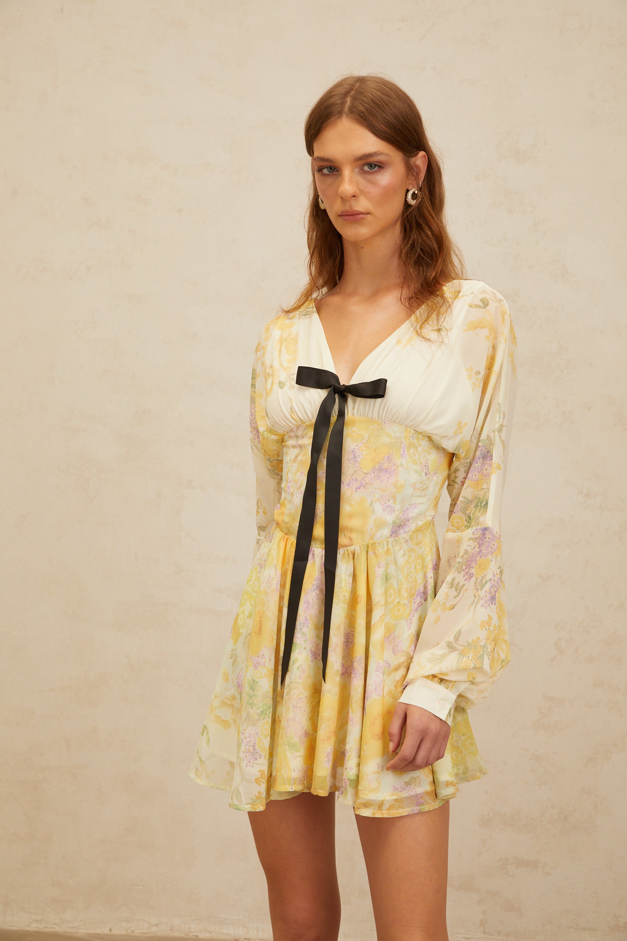 Justine Yellow Bowknot Floral Print Chiffon Mini Dress