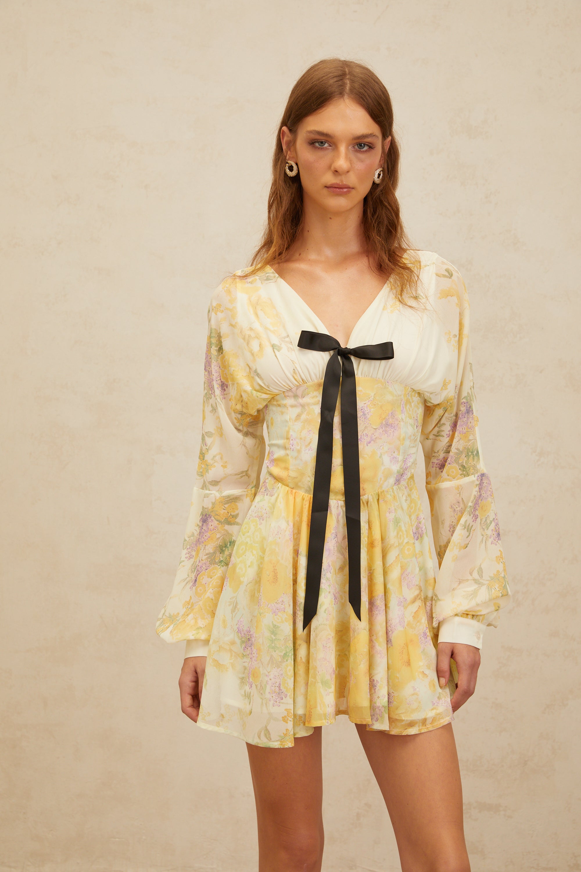 Justine Yellow Bowknot Floral Print Chiffon Mini Dress