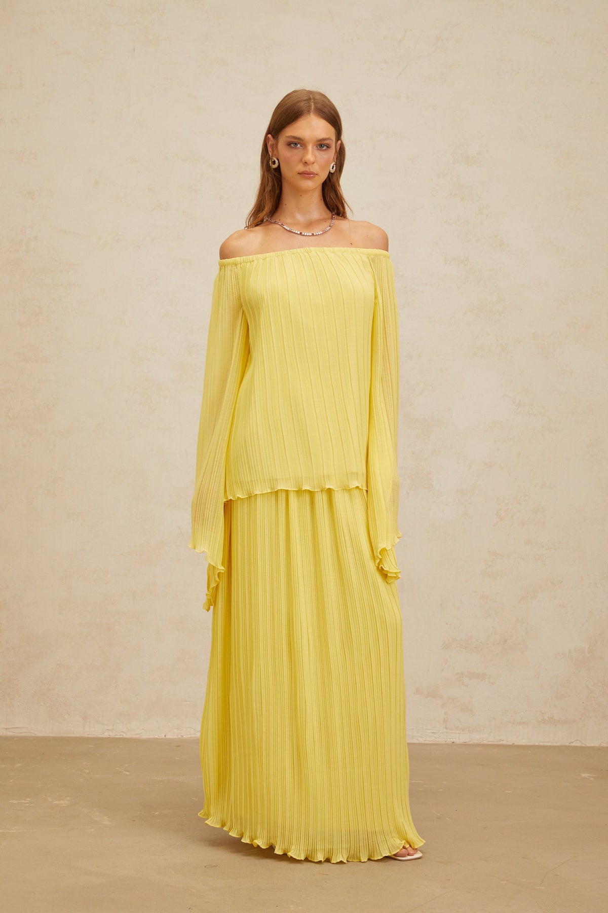 Yseult Yellow Pleated Casual Blouse & Skirt Set (Final Sale-US Only)