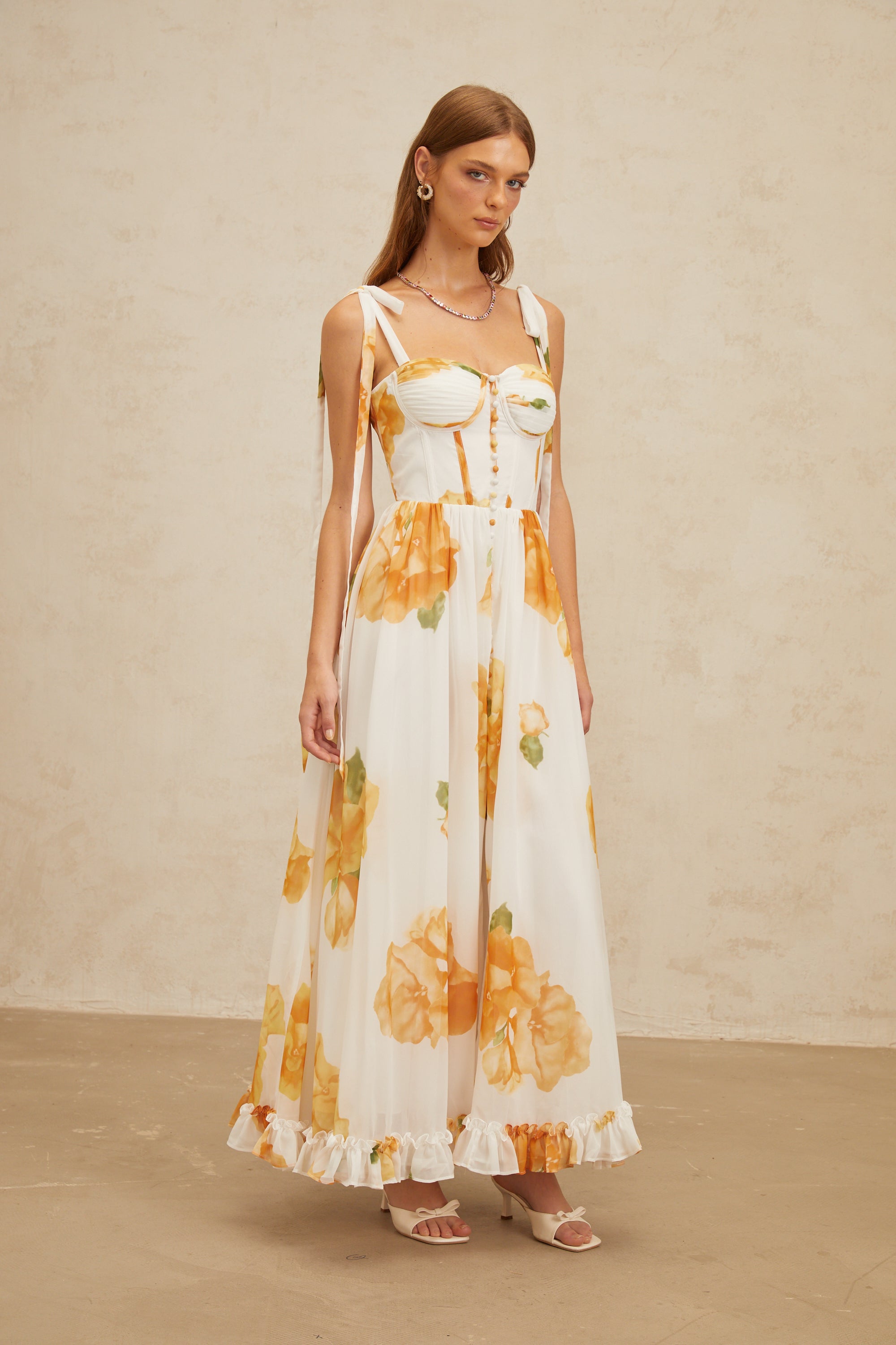 Bérénice White Floral Print Shirred Maxi Dress