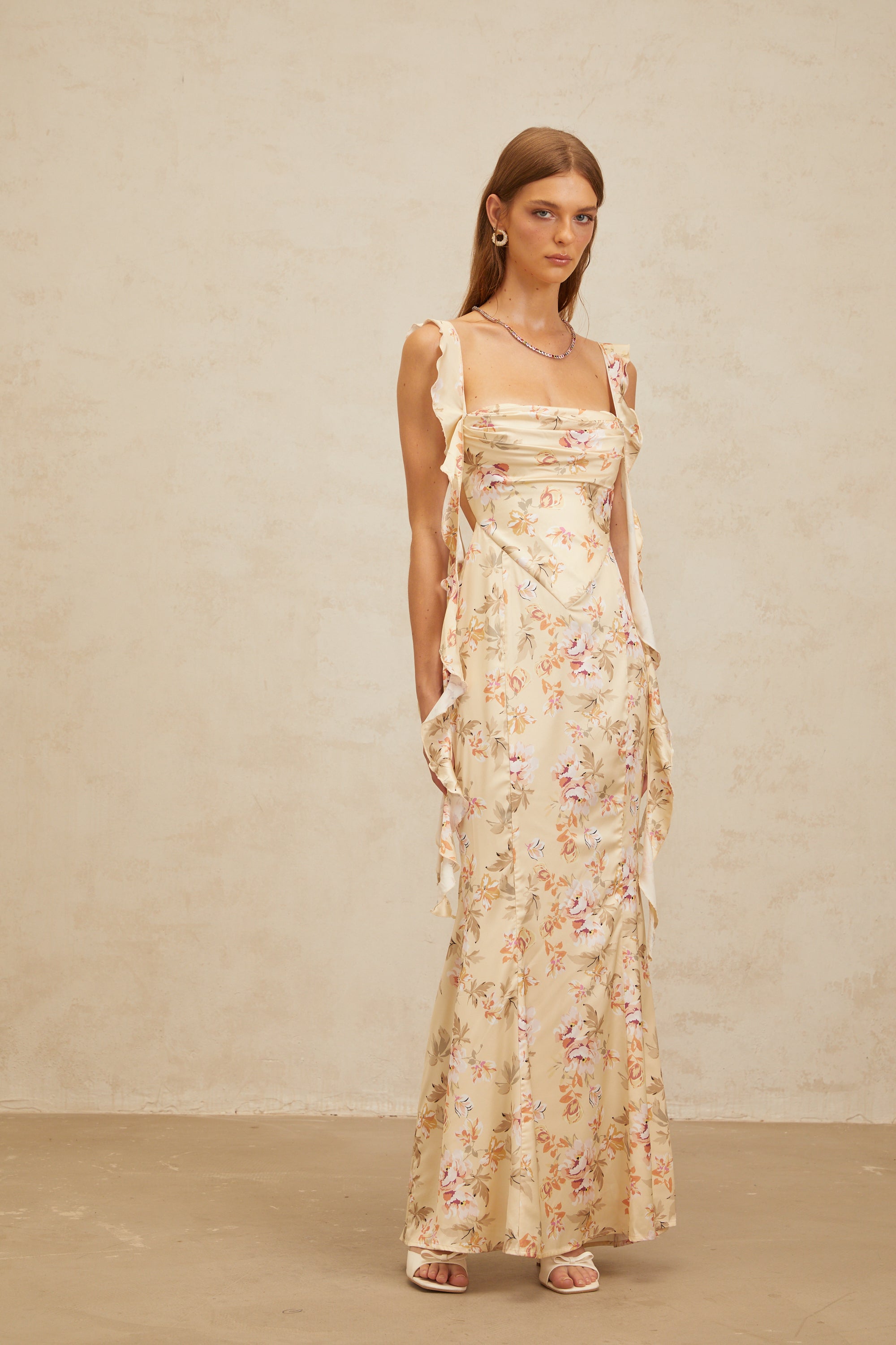 Alizée Yellow Floral Print Mermaid Maxi Dress
