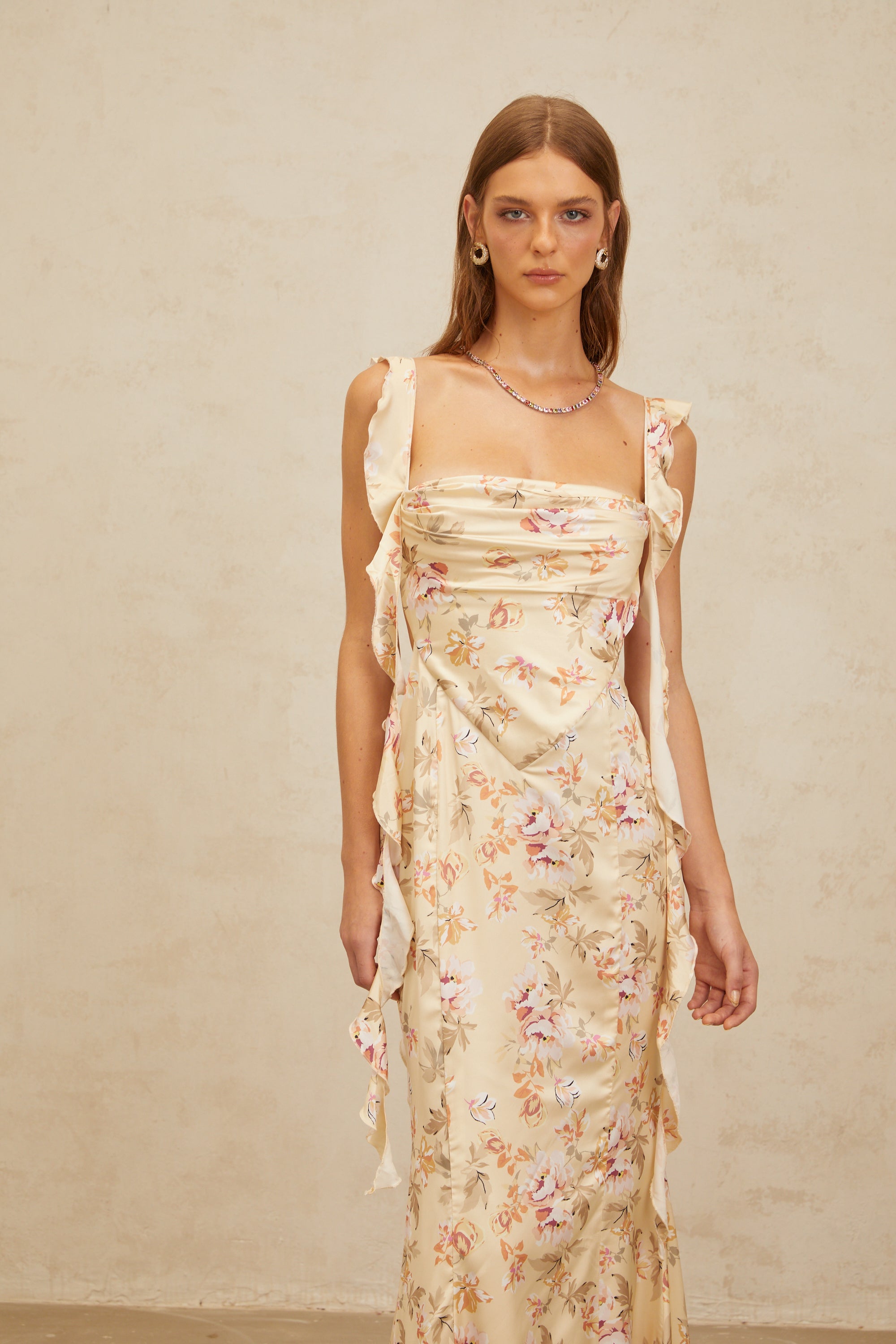 Alizée Yellow Floral Print Mermaid Maxi Dress