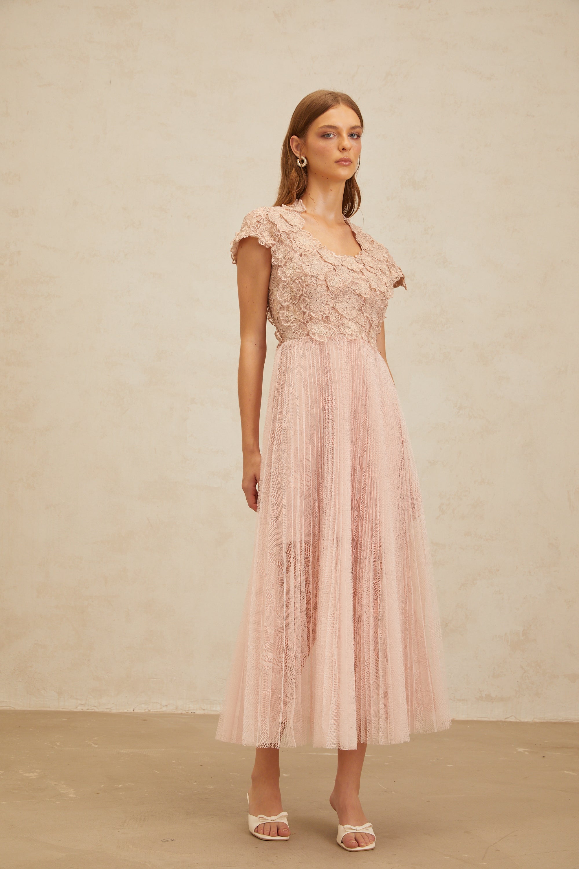Airelle Pink Floral Embroidered Tulle Midi Dress