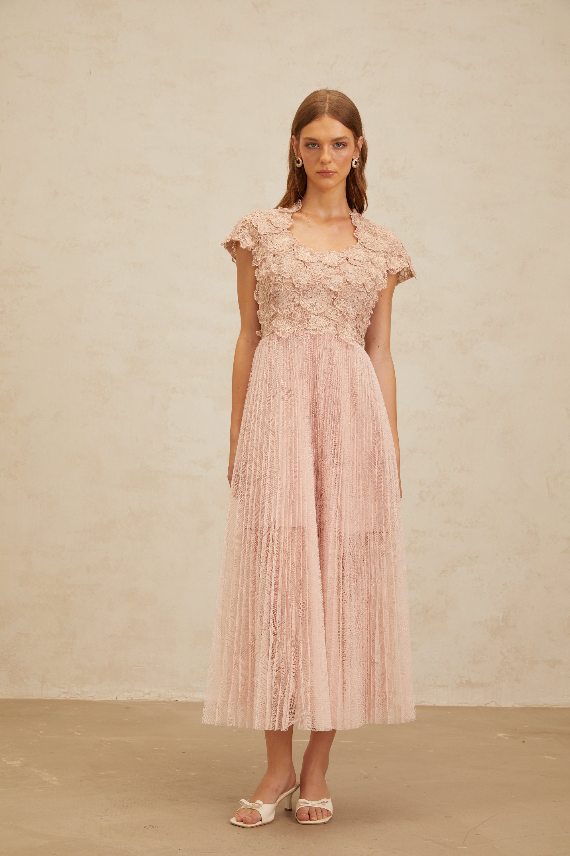 Airelle Pink Floral Embroidered Tulle Midi Dress