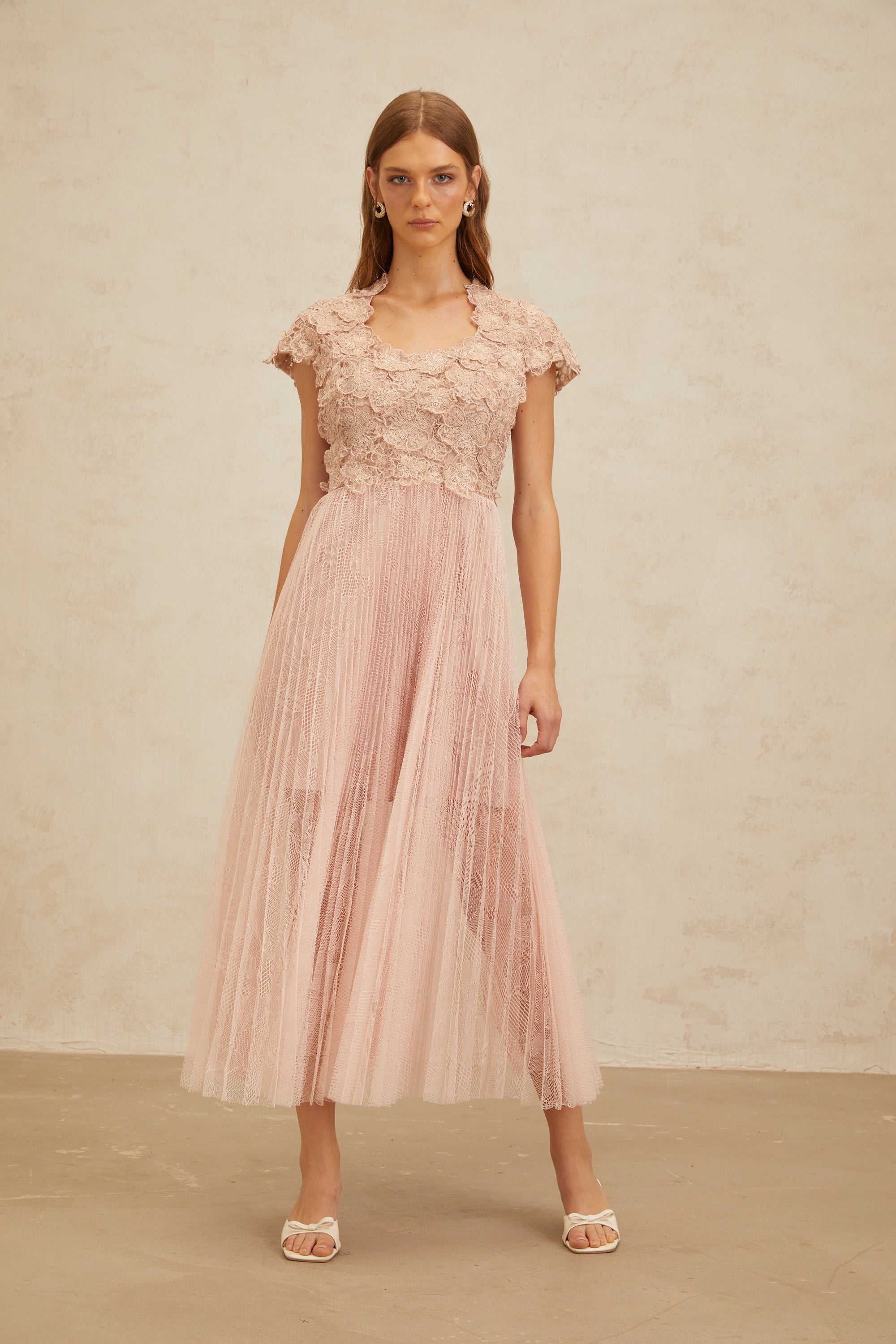 Airelle Pink Floral Embroidered Tulle Midi Dress