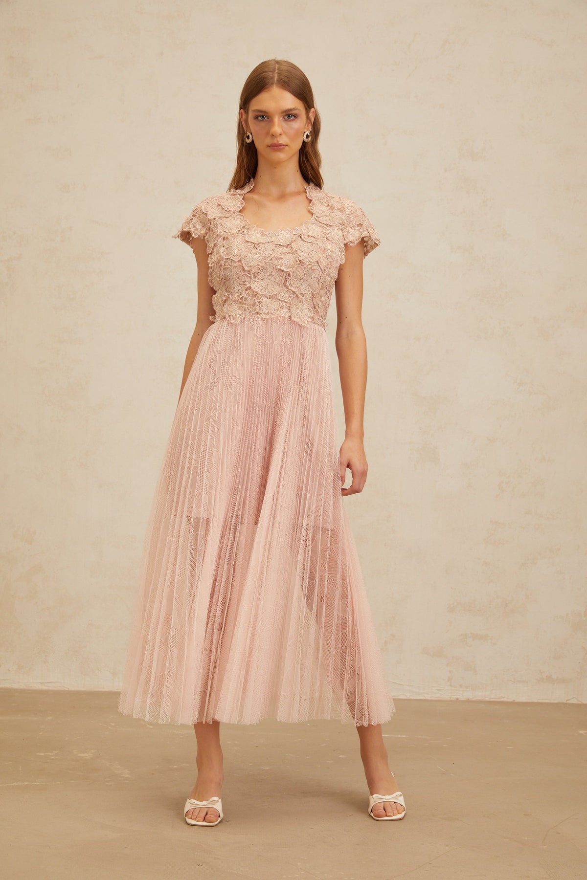 Airelle Pink Floral Embroidered Tulle Midi Dress