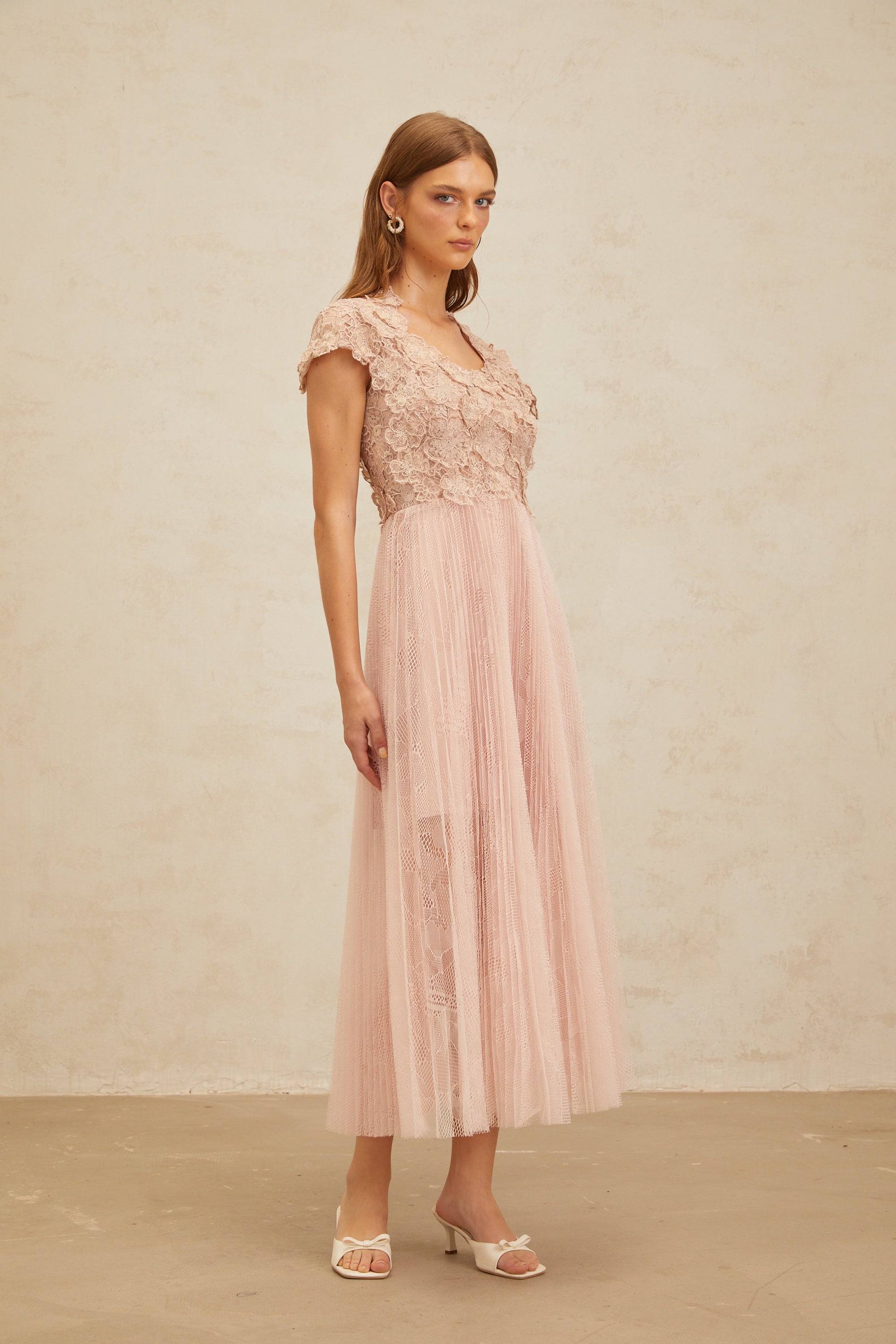 Airelle Pink Floral Embroidered Tulle Midi Dress