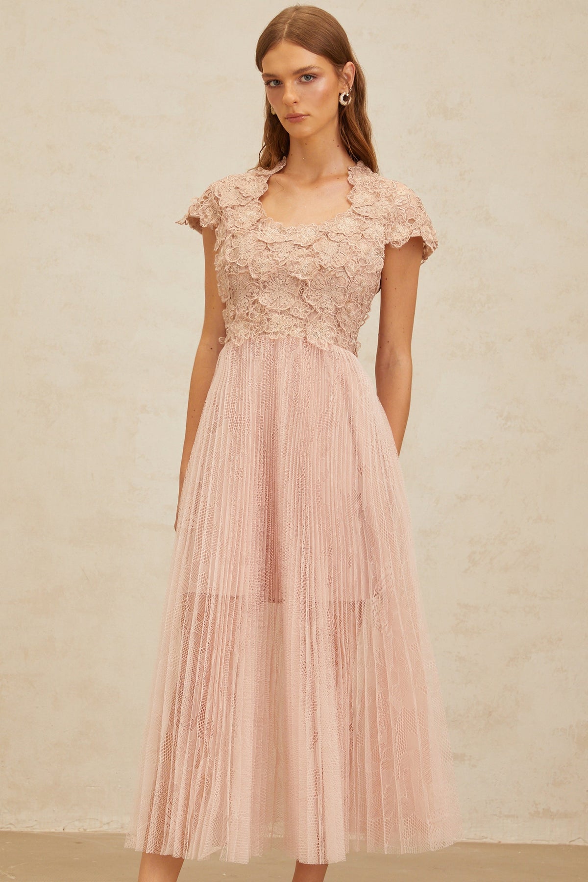 Airelle Pink Floral Embroidered Tulle Midi Dress