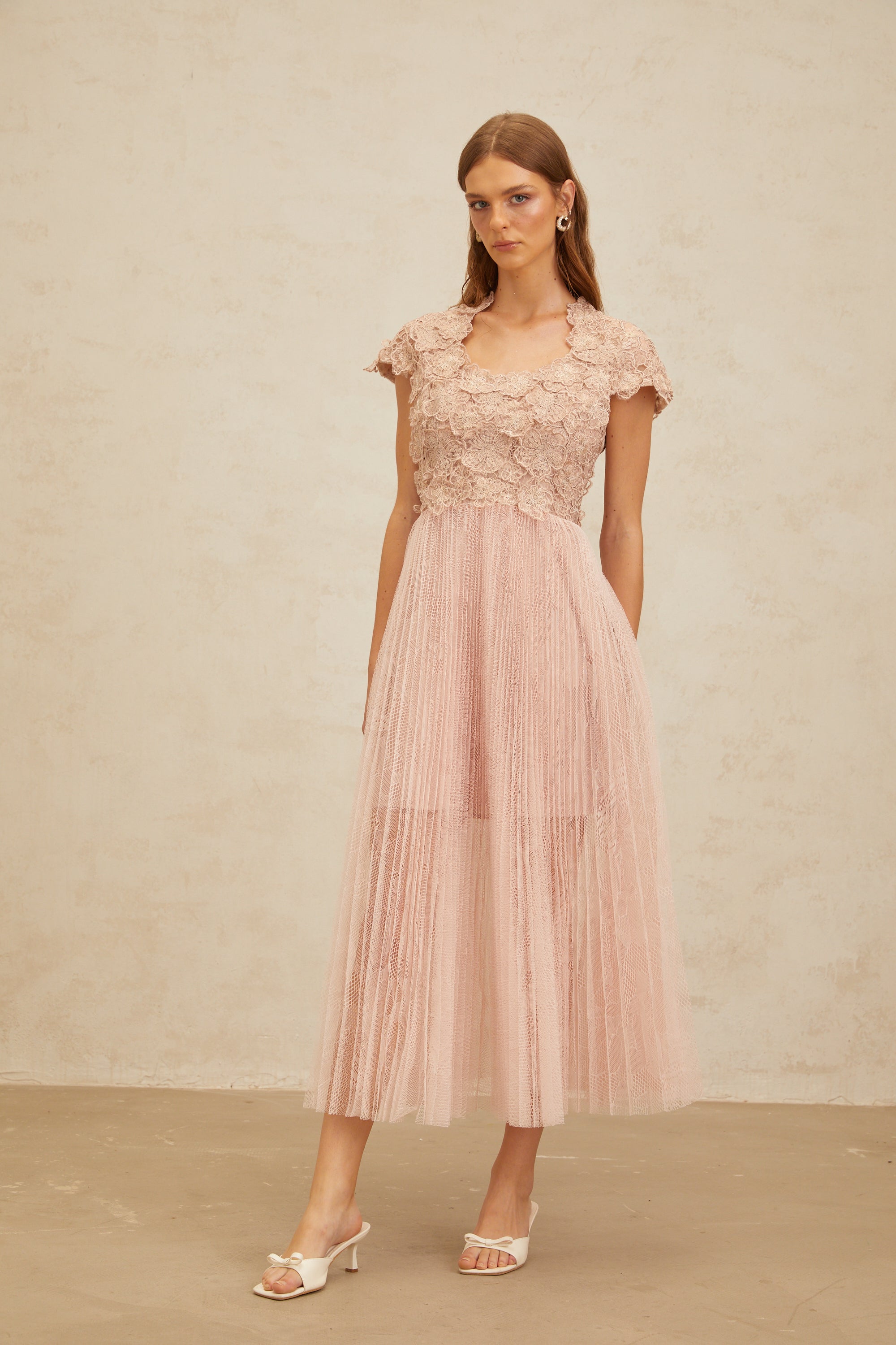 Airelle Pink Floral Embroidered Tulle Midi Dress