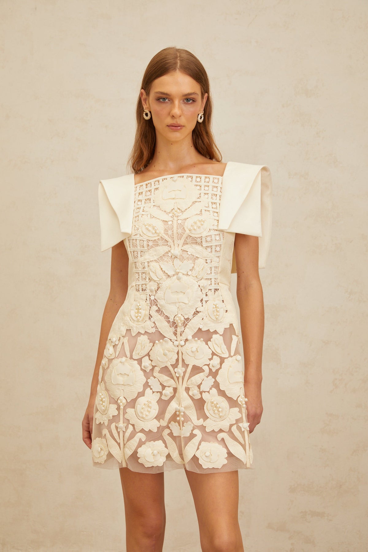Léa White Floral Appliqué Crochet Mini Dress