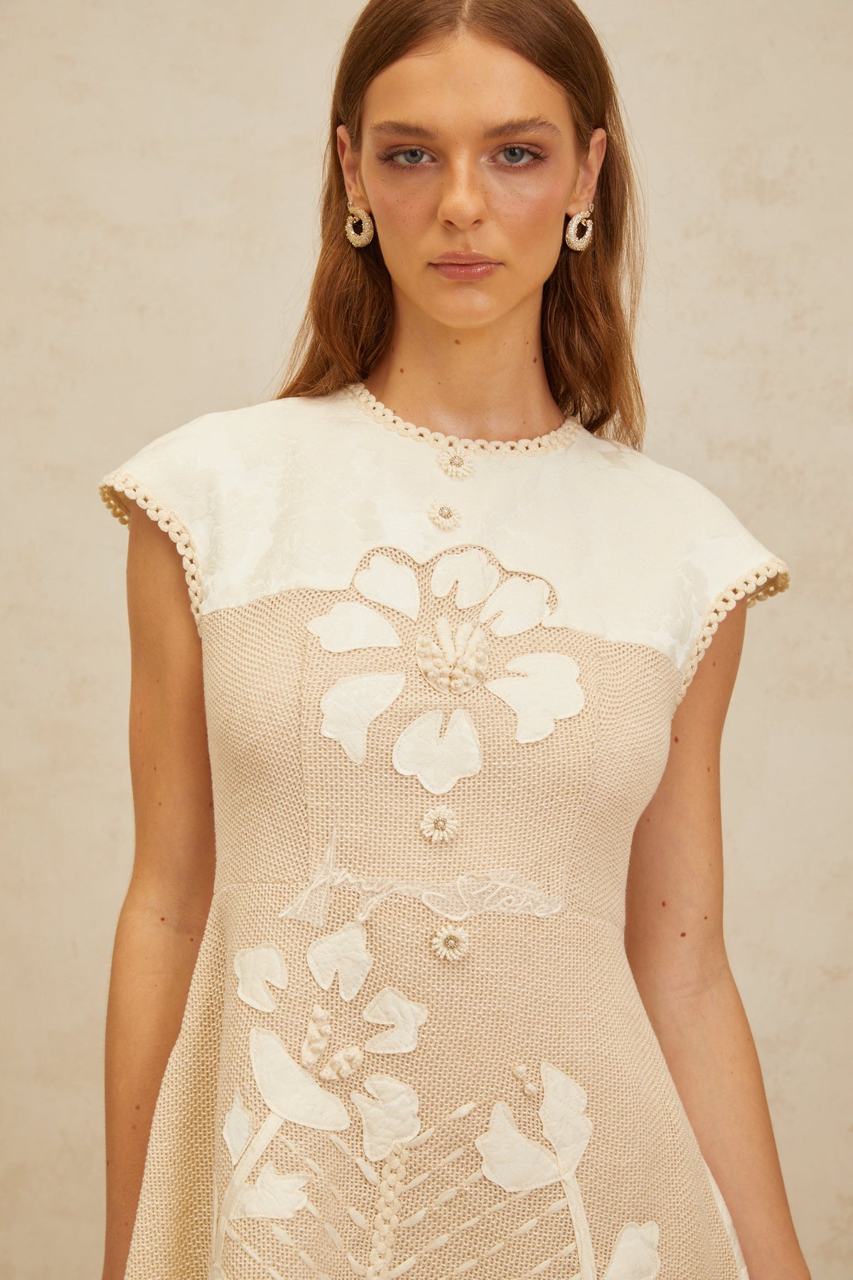 Manon Neutral Floral Embroidered Crochet Mini Dress