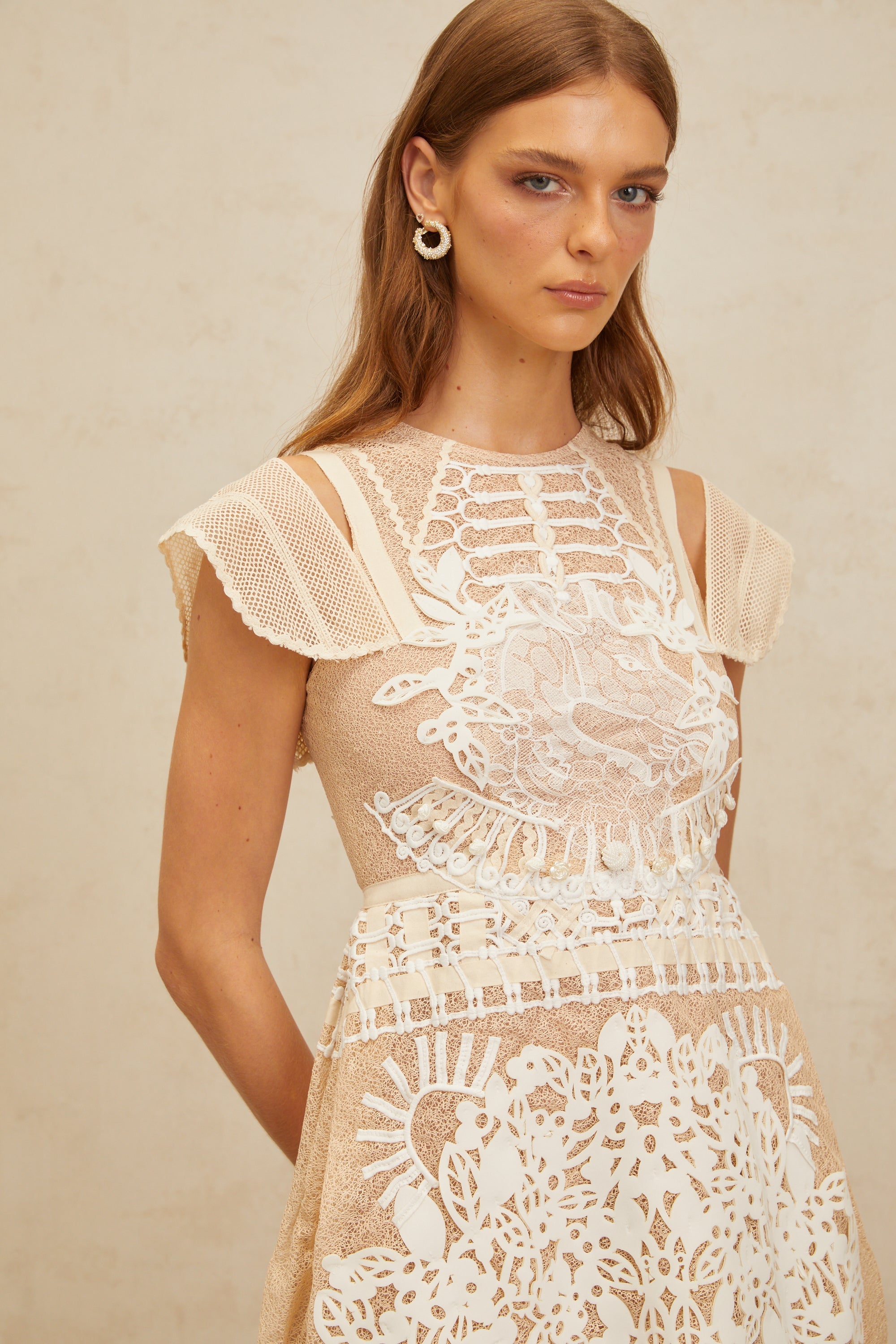 Ophélie Neutral Beaded Floral Crochet Mini Dress