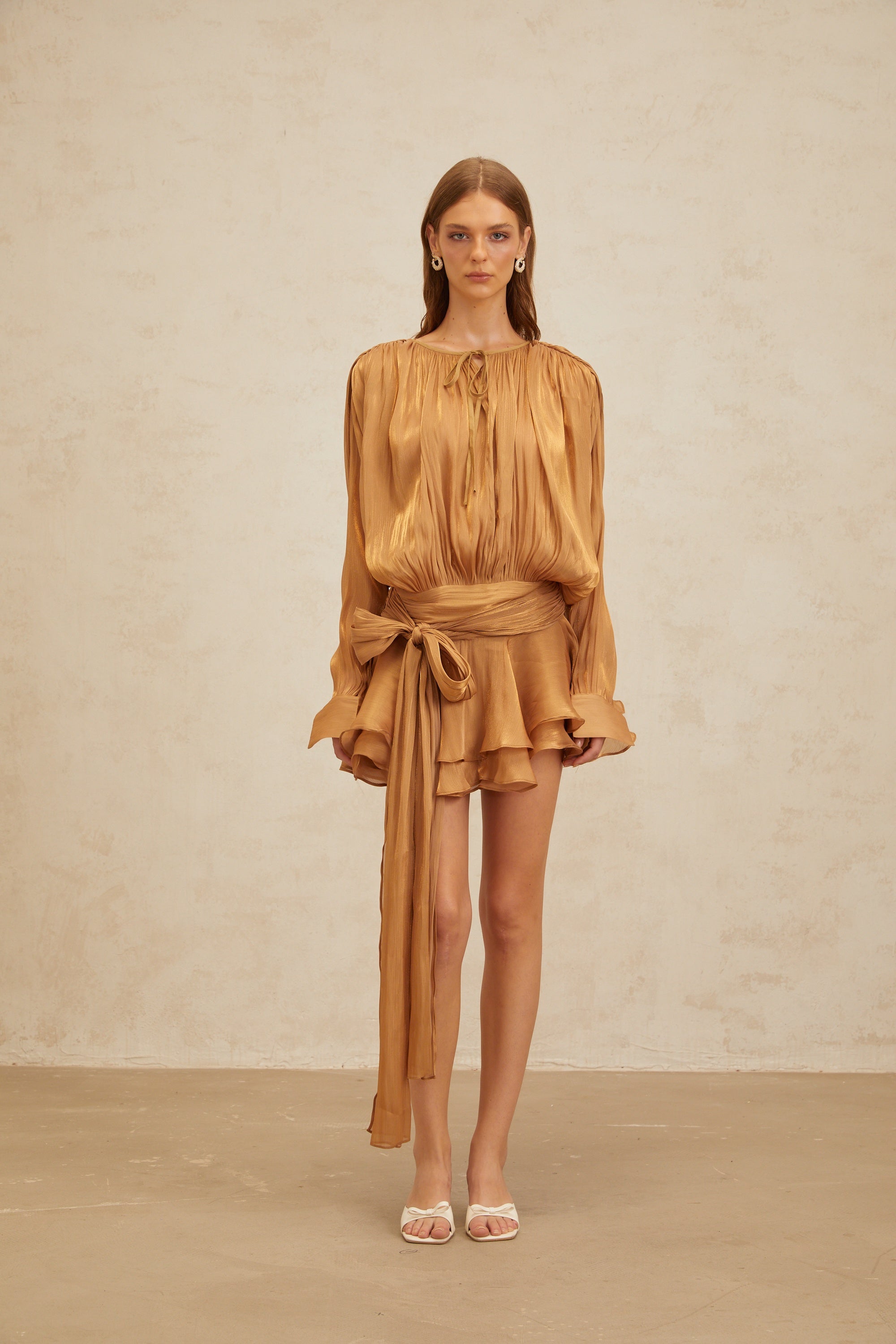 Eugénie Gold Fully Pleated Ruffled Mini Dress