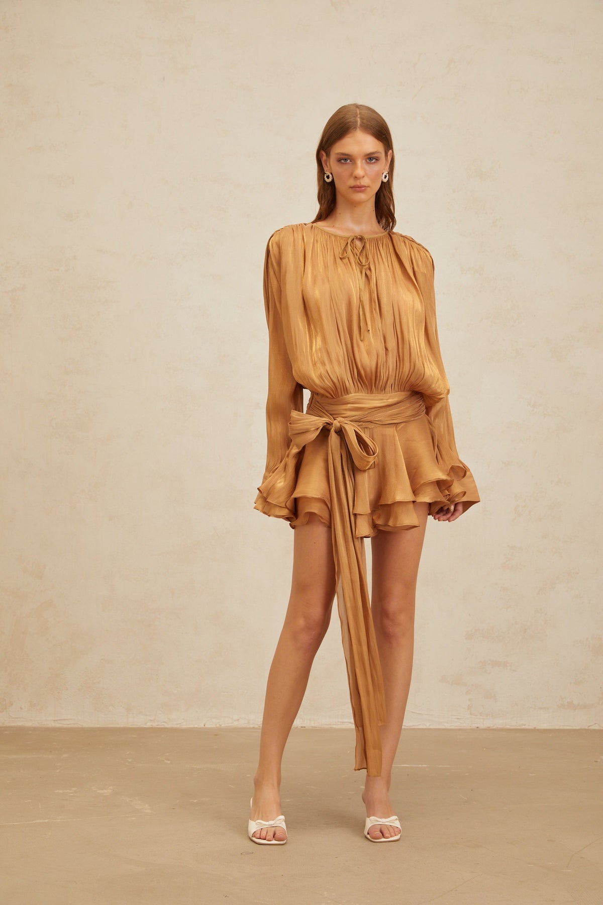Eugénie Gold Fully Pleated Ruffled Mini Dress