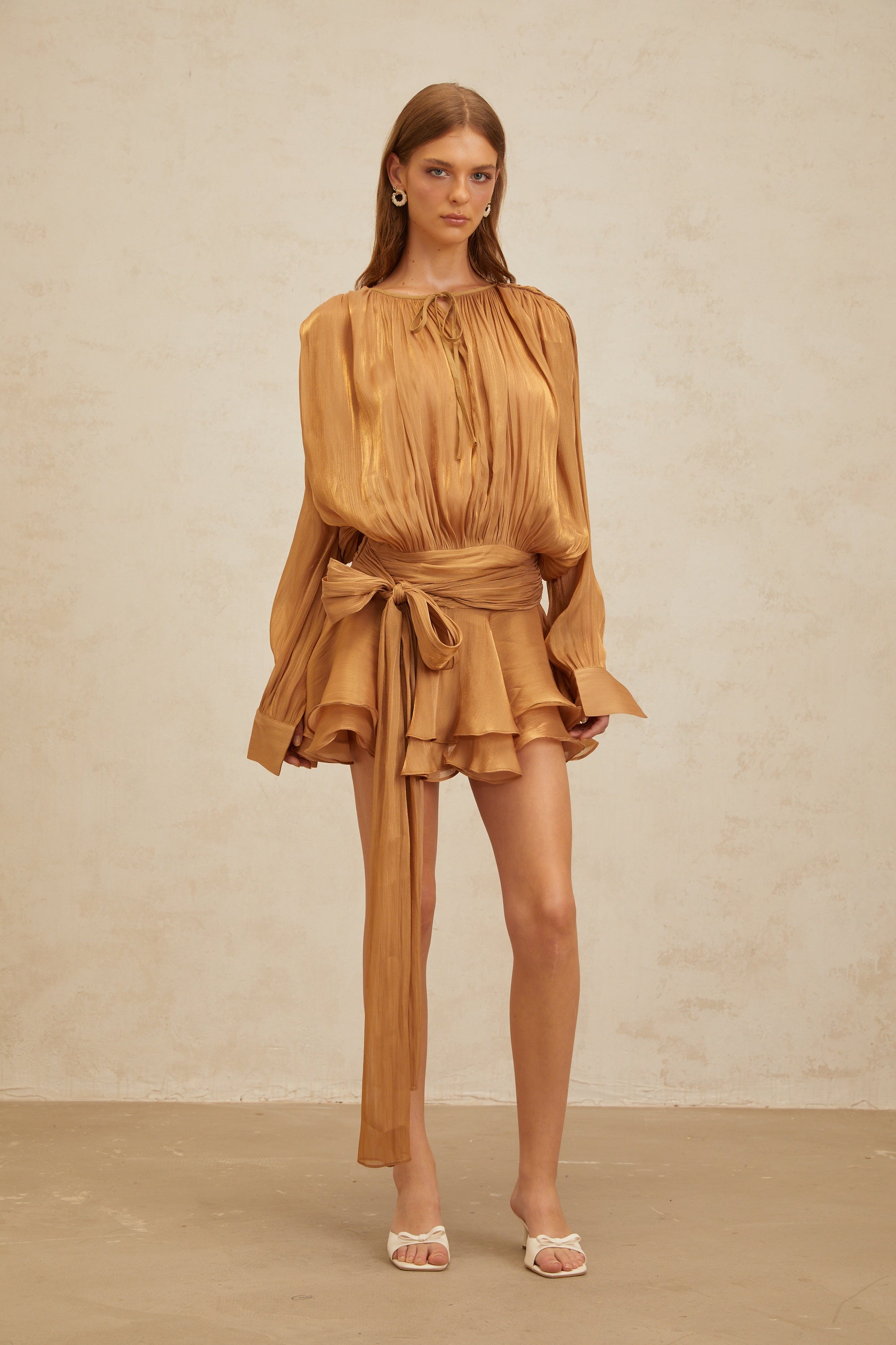 Eugénie Gold Fully Pleated Ruffled Mini Dress