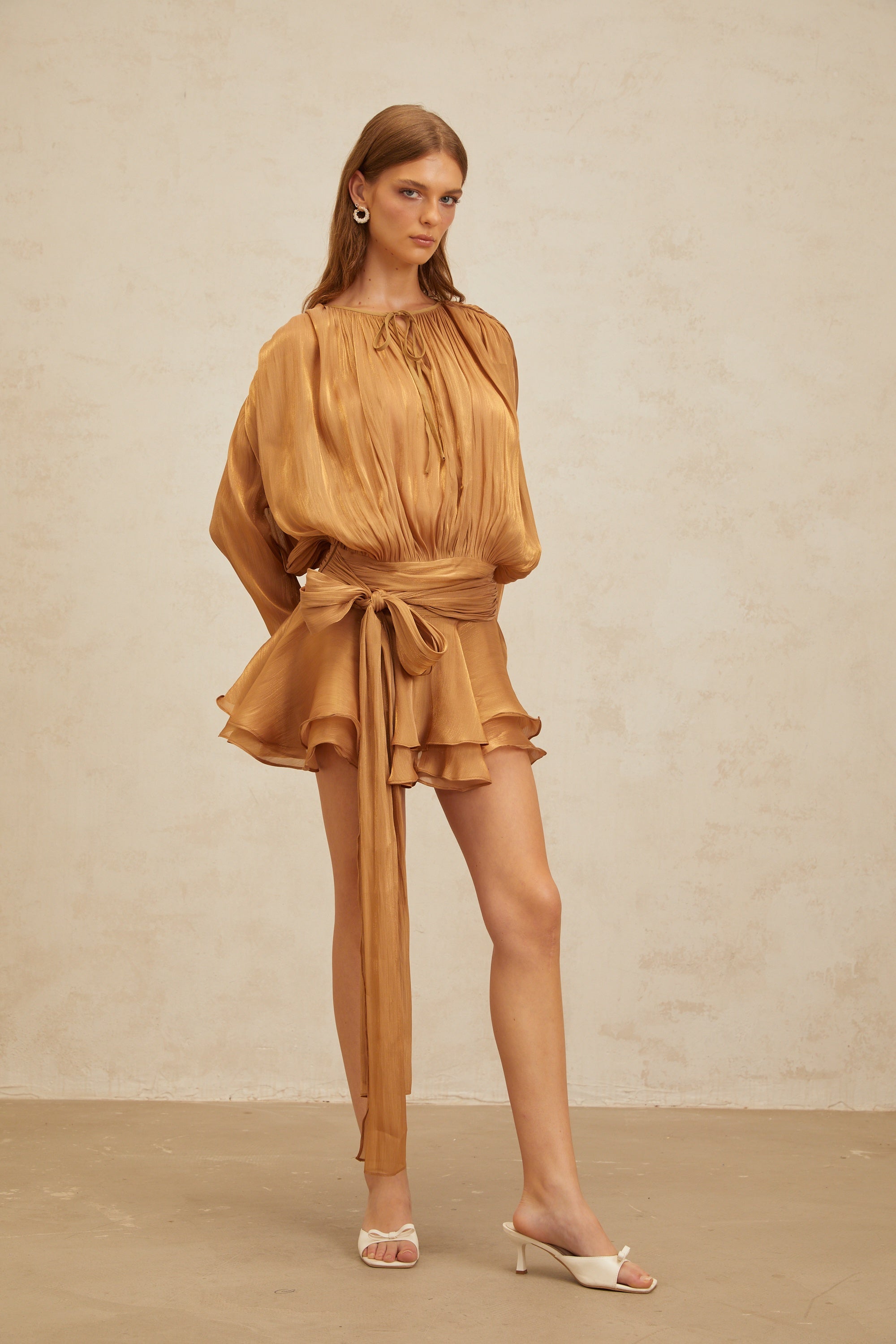 Eugénie Gold Fully Pleated Ruffled Mini Dress